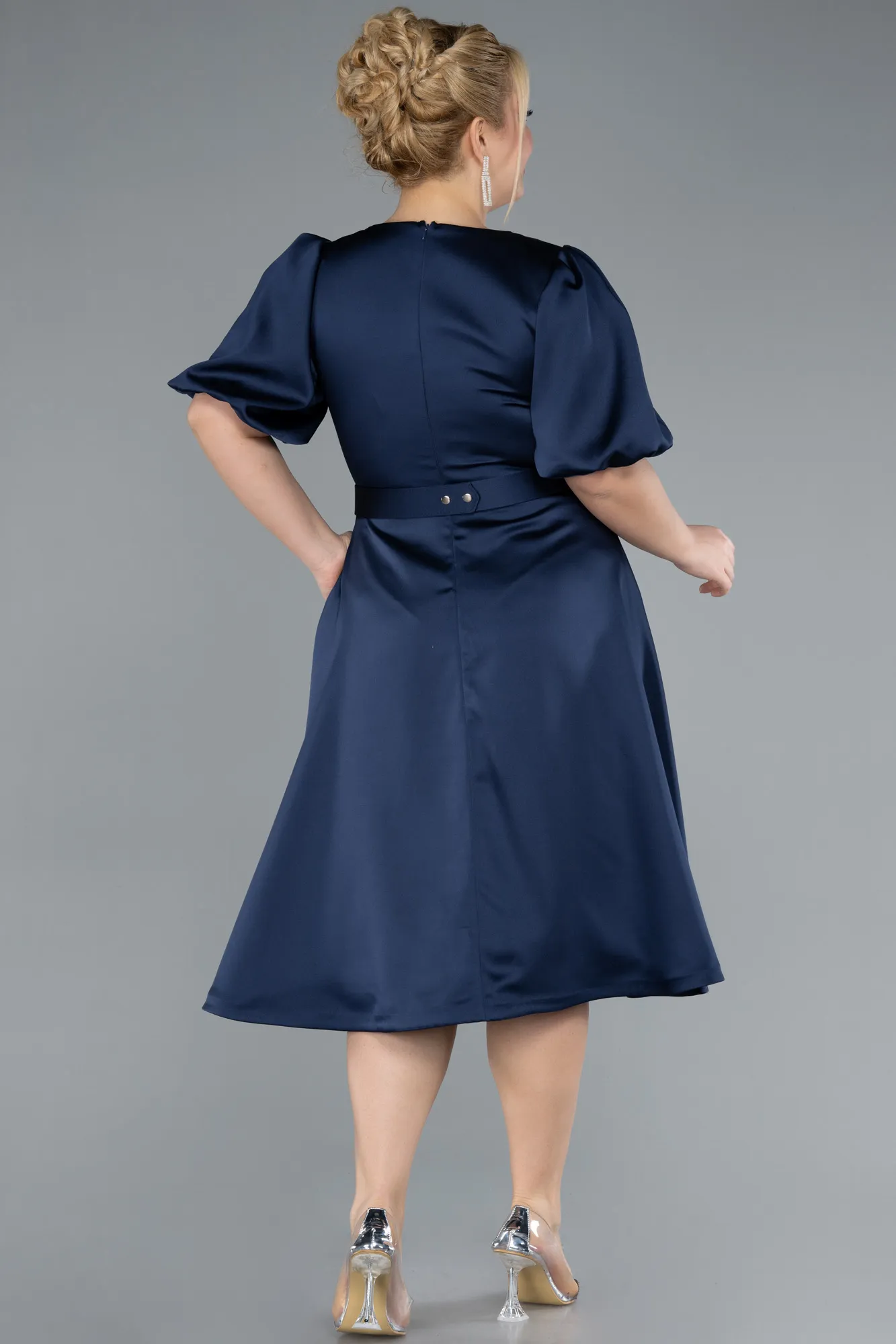 Navy Blue-Midi Satin Plus Size Cocktail Dress ABK2055