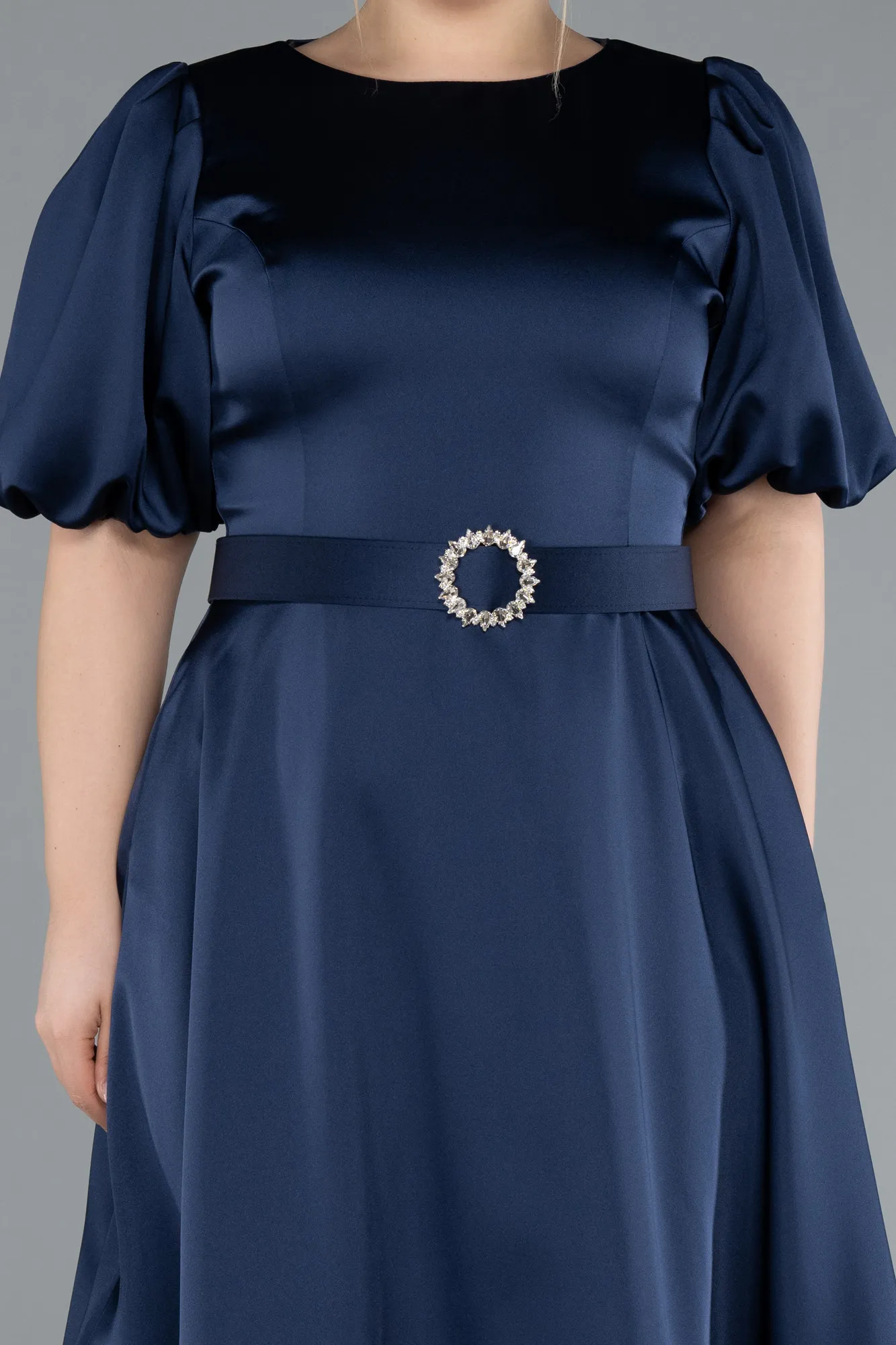 Navy Blue-Midi Satin Plus Size Cocktail Dress ABK2055