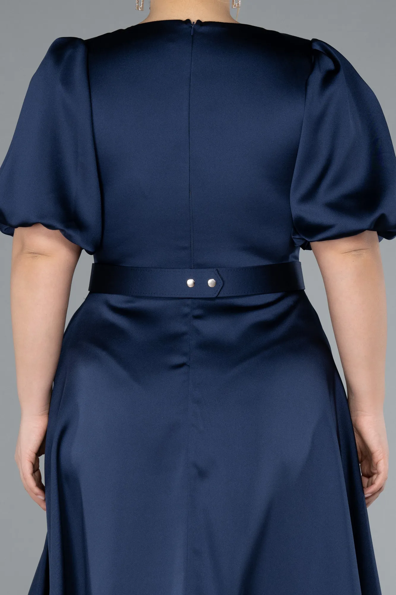 Navy Blue-Midi Satin Plus Size Cocktail Dress ABK2055