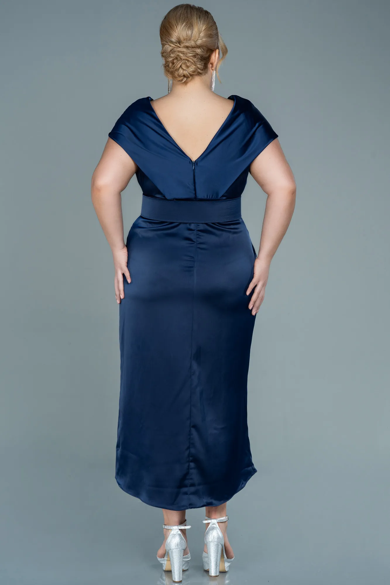 Navy Blue-Midi Satin Plus Size Evening Dress ABK1499