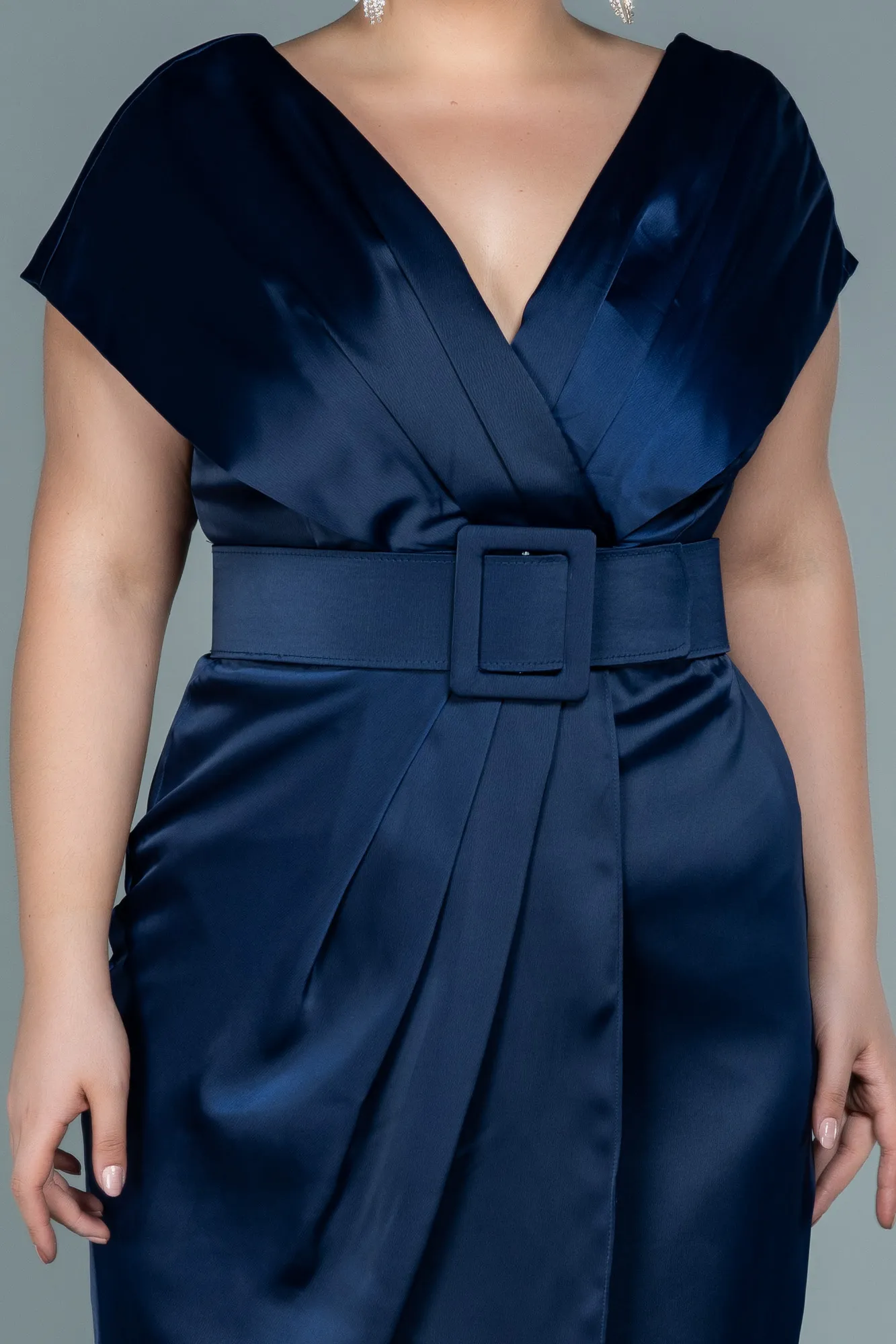 Navy Blue-Midi Satin Plus Size Evening Dress ABK1499