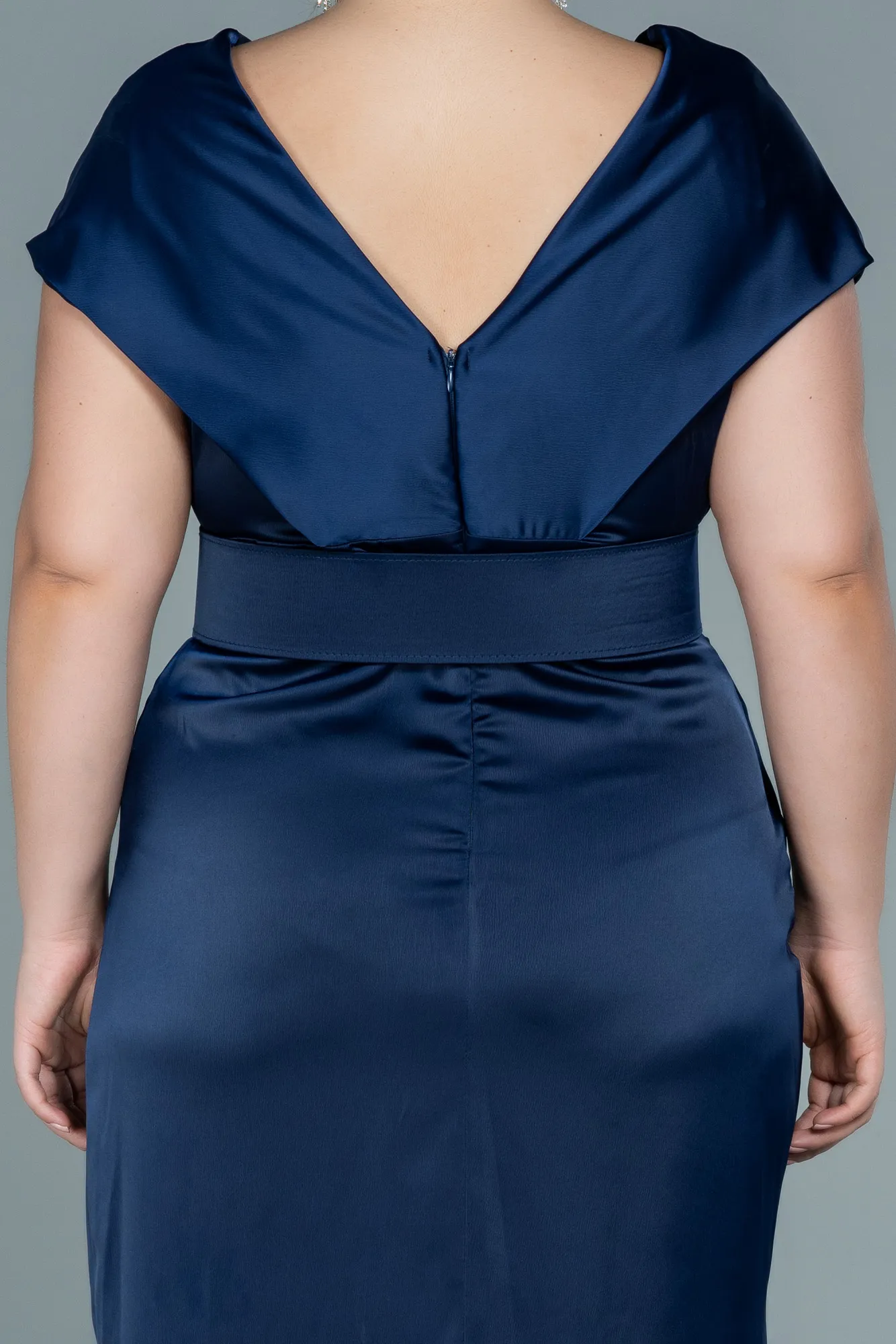 Navy Blue-Midi Satin Plus Size Evening Dress ABK1499