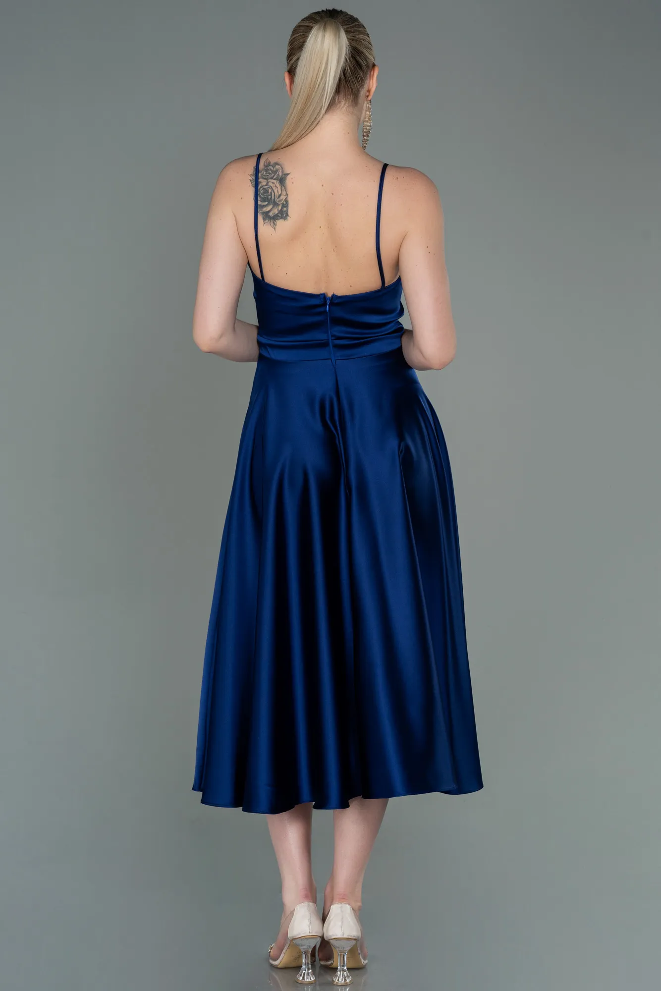 Navy Blue-Midi Satin Prom Gown ABK1791