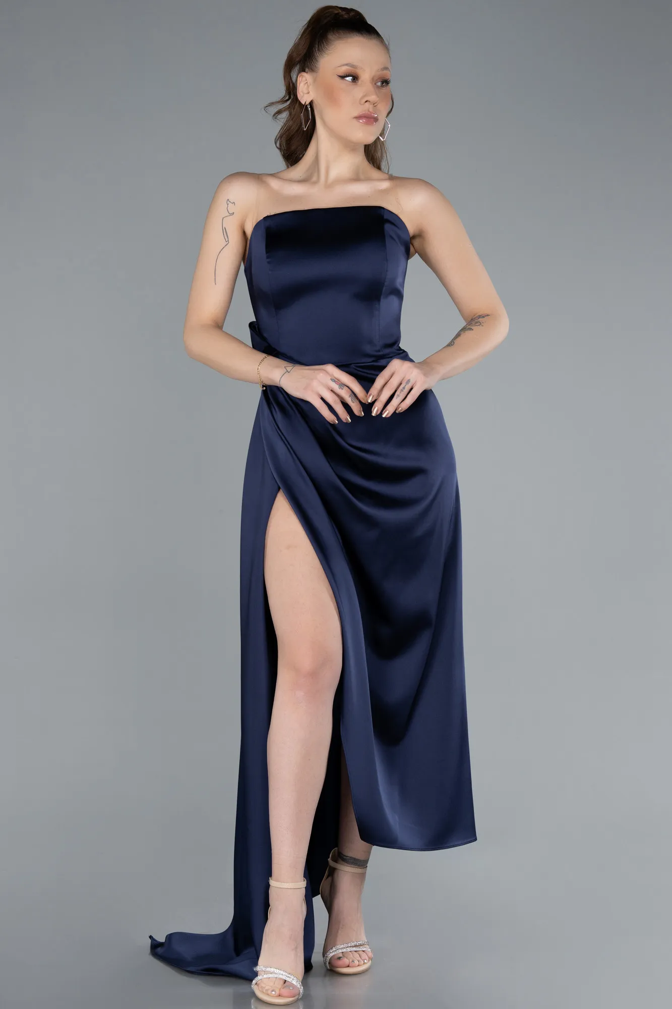 Navy Blue-Midi Satin Prom Gown ABK2265