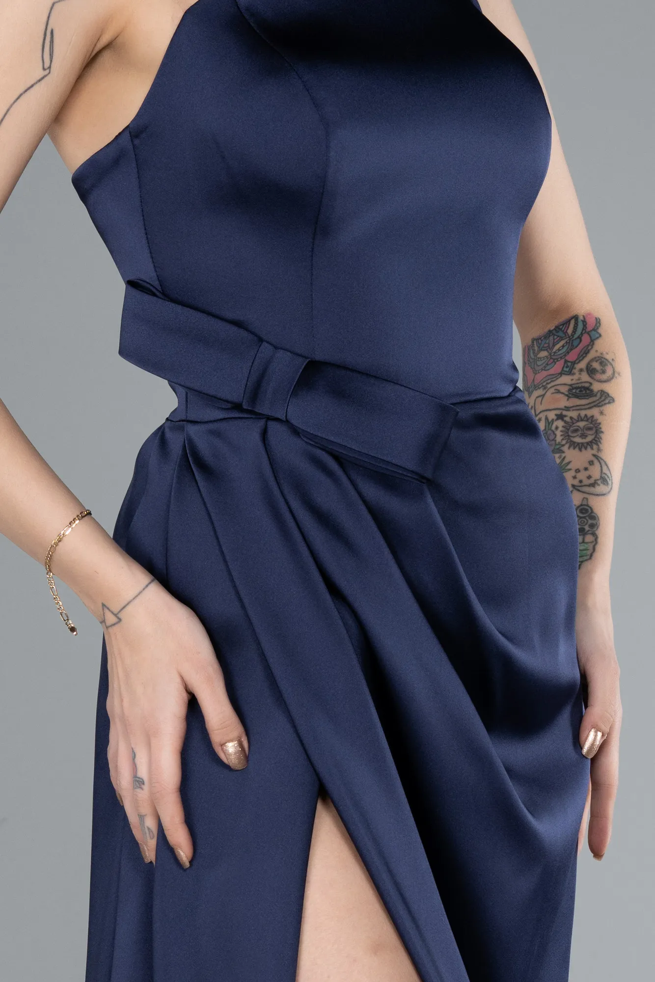 Navy Blue-Midi Satin Prom Gown ABK2265