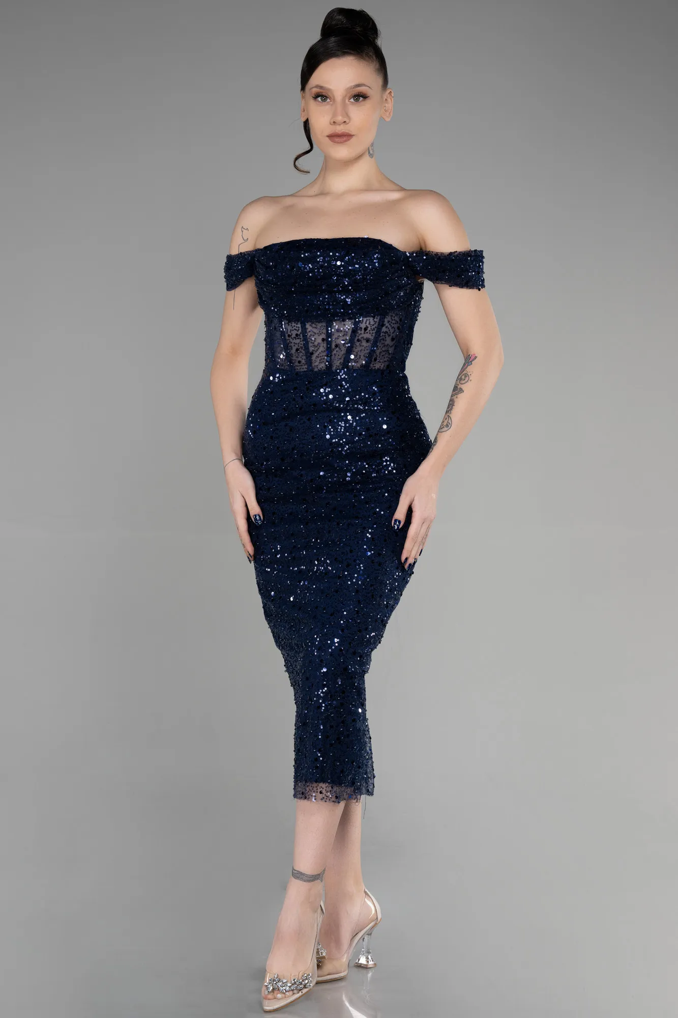 Navy Blue-Midi Scaly Invitation Dress ABK1934