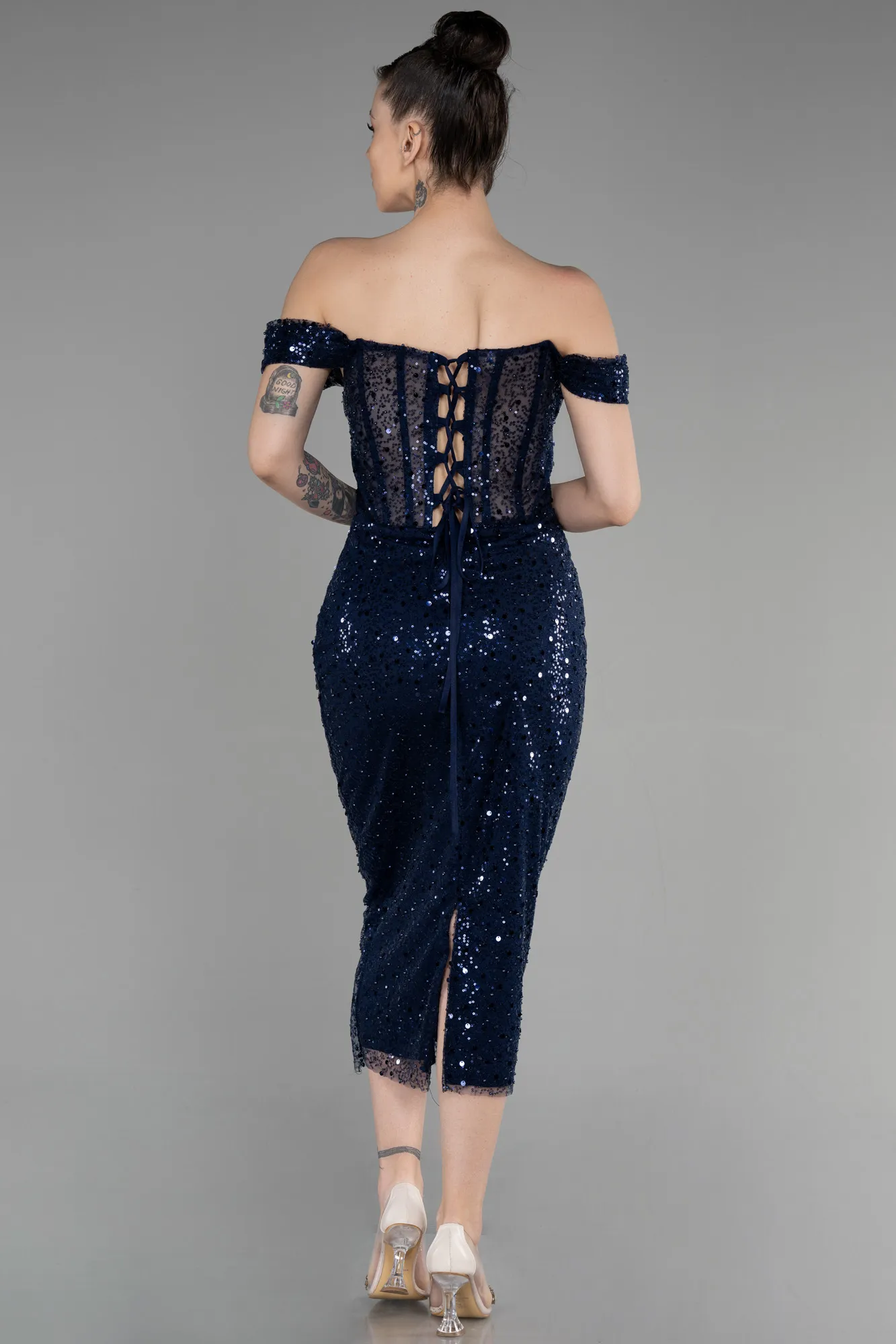 Navy Blue-Midi Scaly Invitation Dress ABK1934