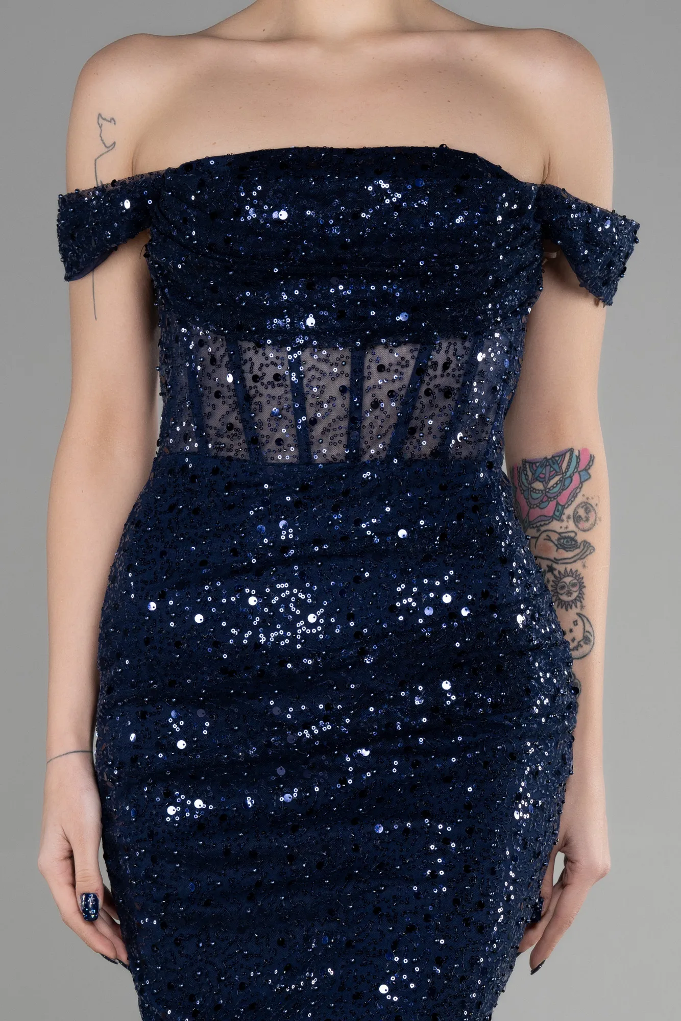 Navy Blue-Midi Scaly Invitation Dress ABK1934
