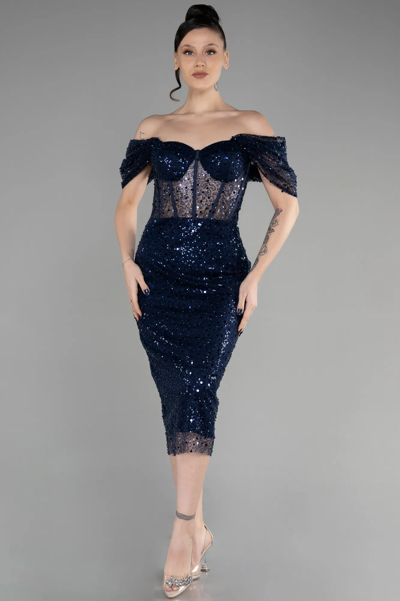 Navy Blue-Midi Scaly Party Dress ABK1939