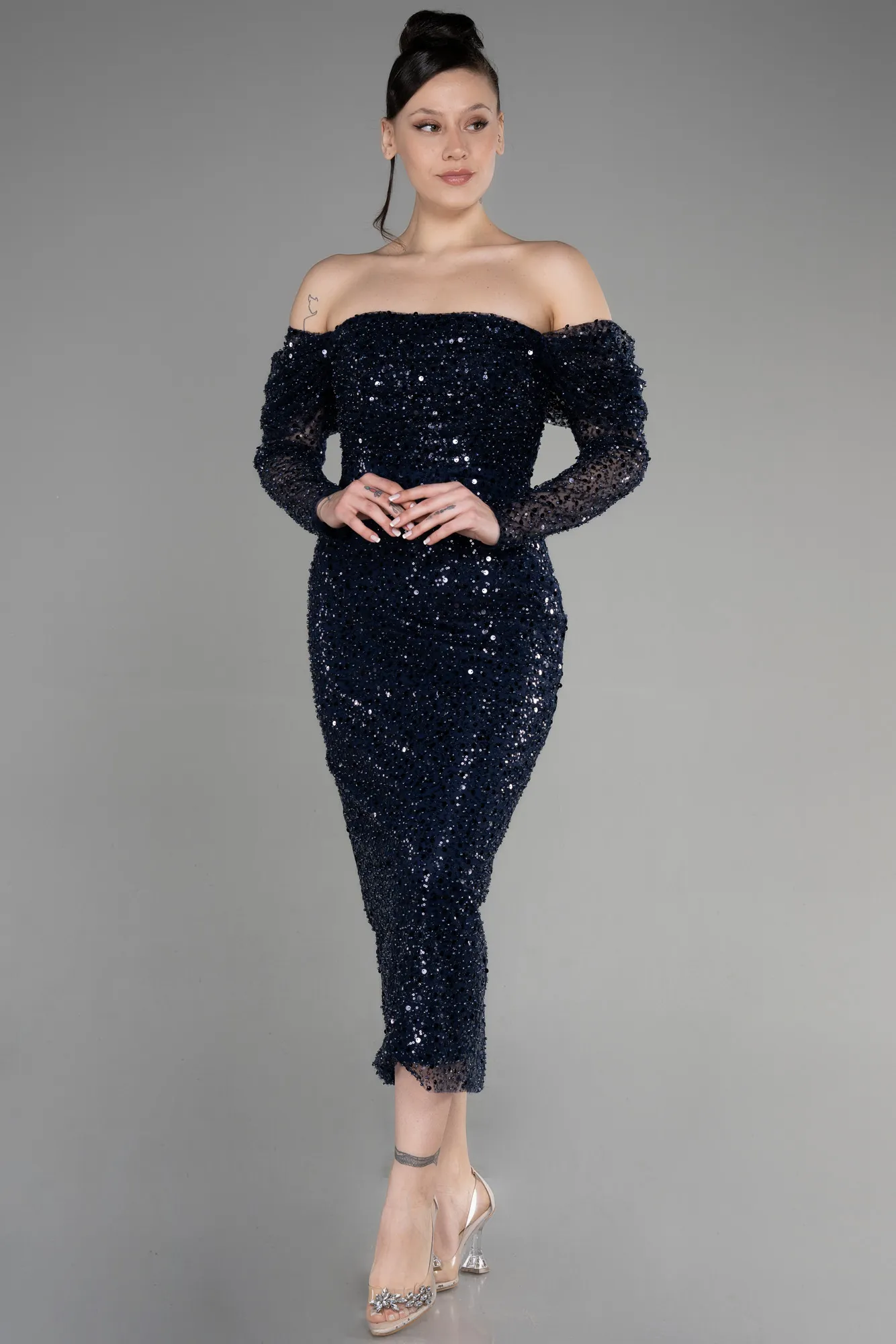 Navy Blue-Midi Scaly Party Dress ABK1977