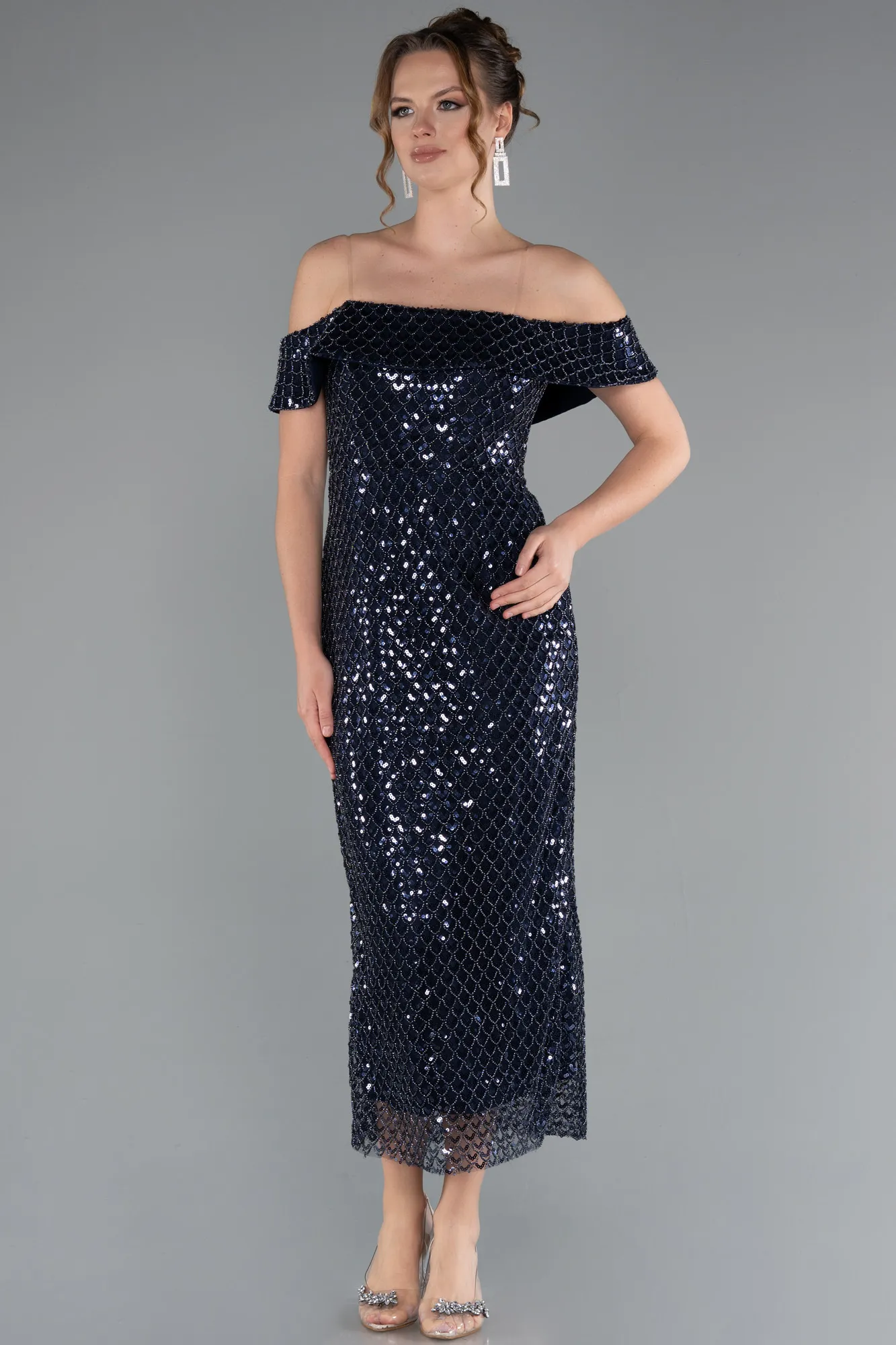 Navy Blue-Midi Scaly Party Dress ABK2364