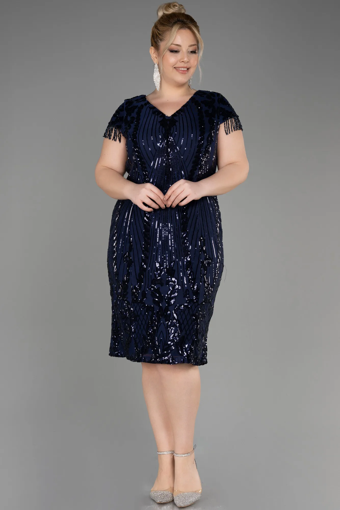 Navy Blue-Midi Scaly Plus Size Cocktail Dress ABK2028
