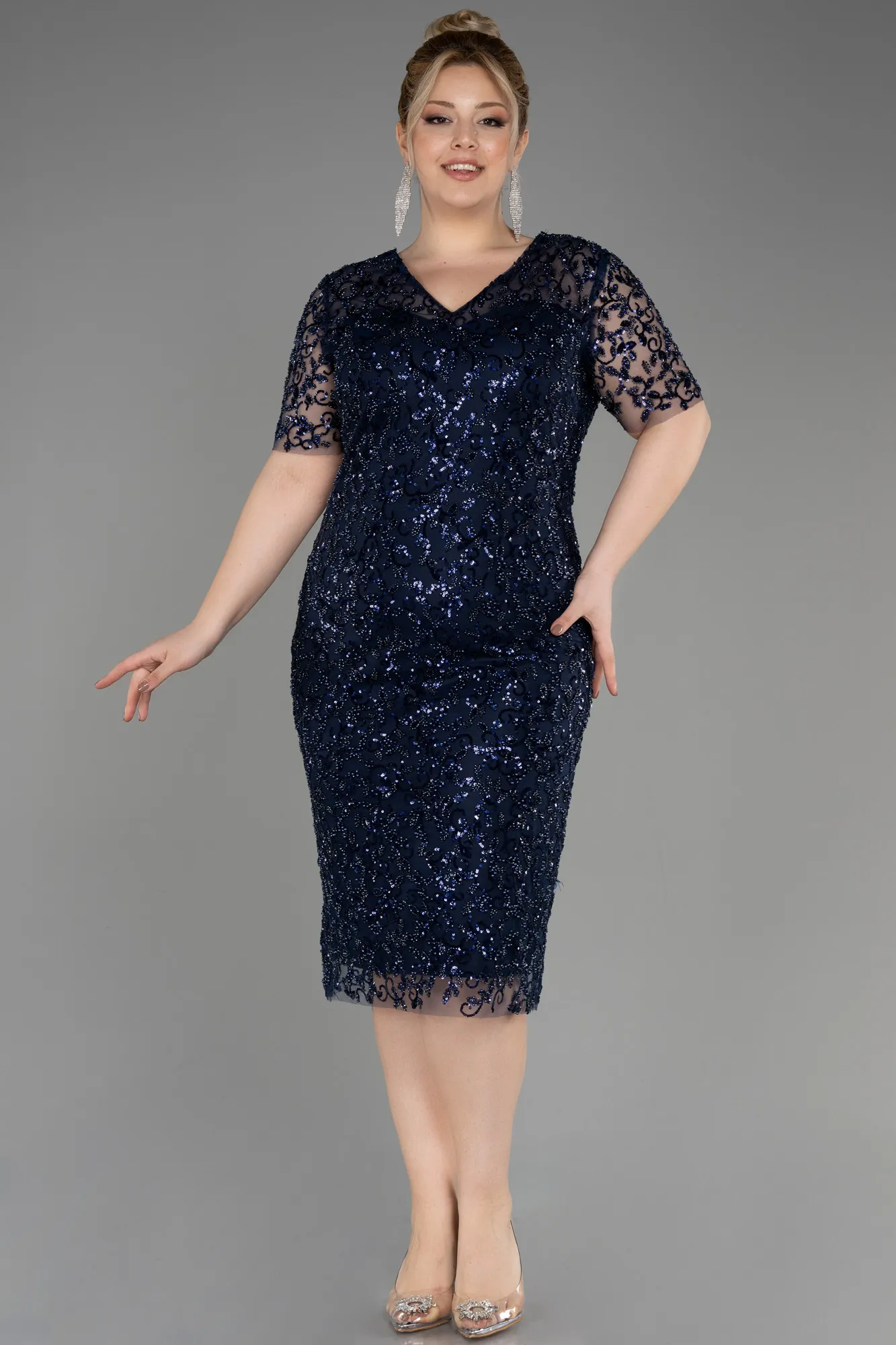 Navy Blue-Midi Scaly Plus Size Cocktail Dress ABK2030