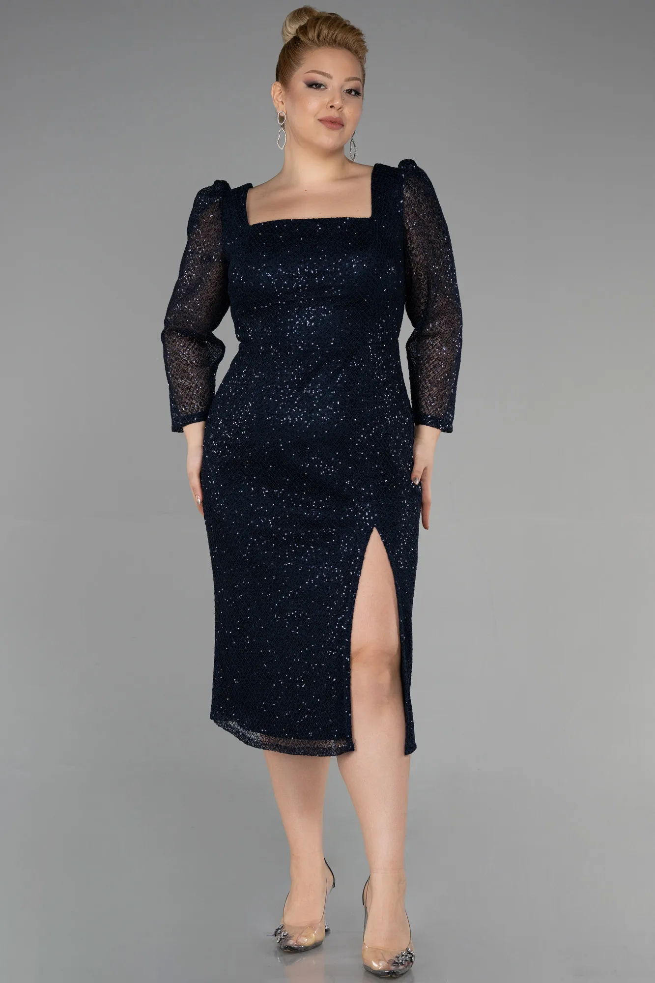 Navy Blue-Midi Scaly Plus Size Evening Dress ABK1929
