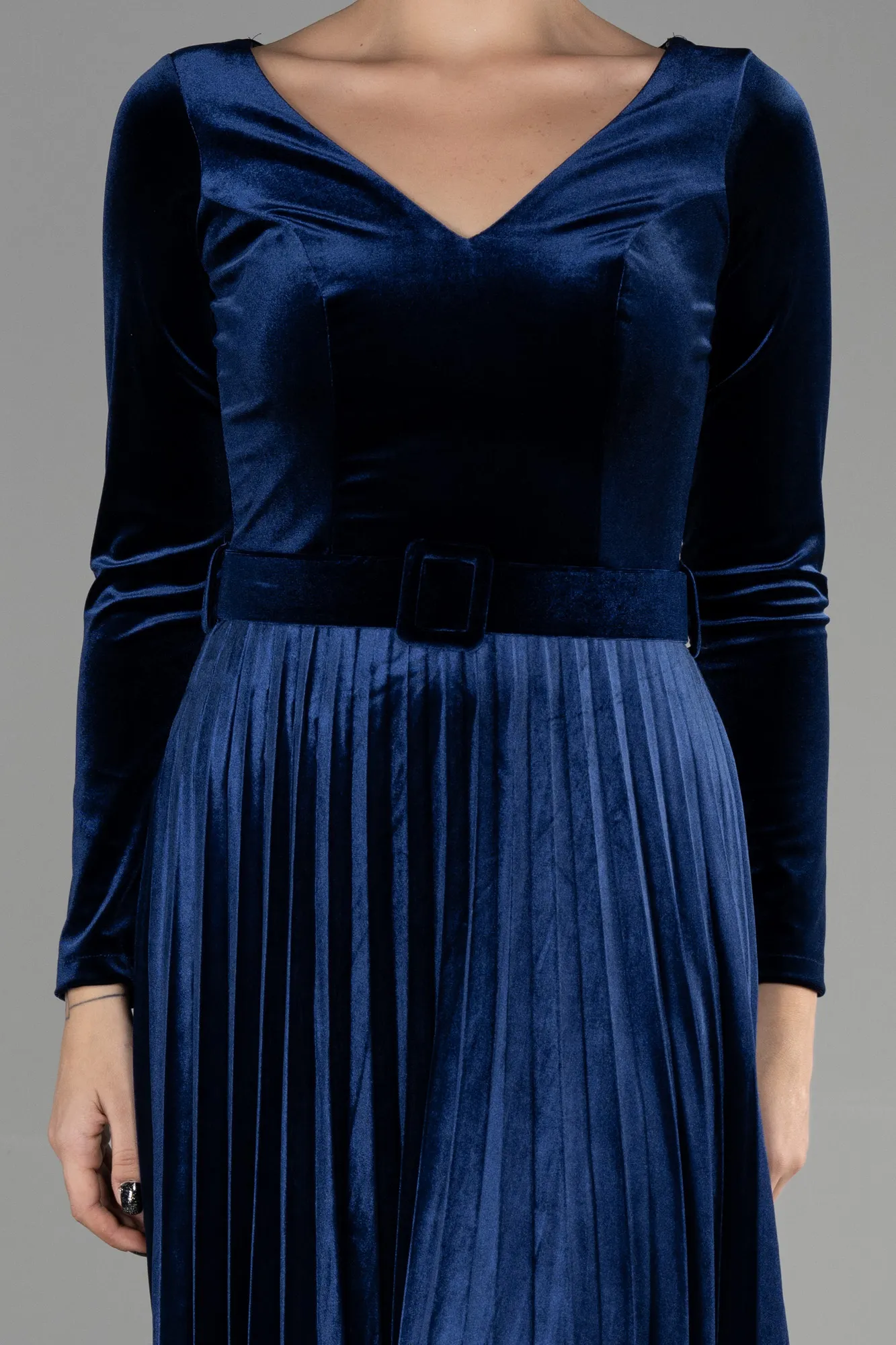 Navy Blue-Midi Velvet Invitation Dress ABK1870