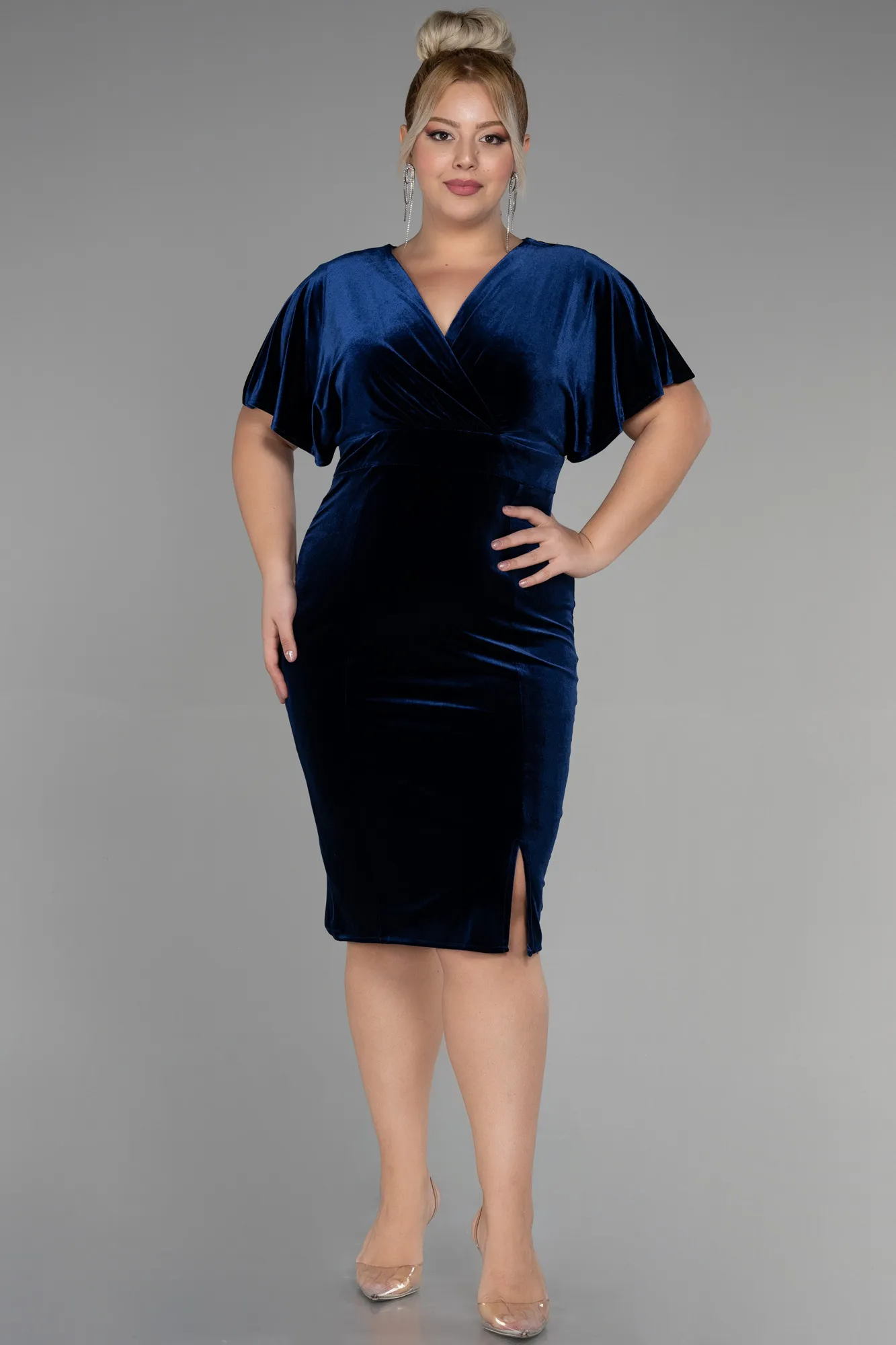 Navy Blue-Midi Velvet Velvet Oversized Evening Dress ABK1876