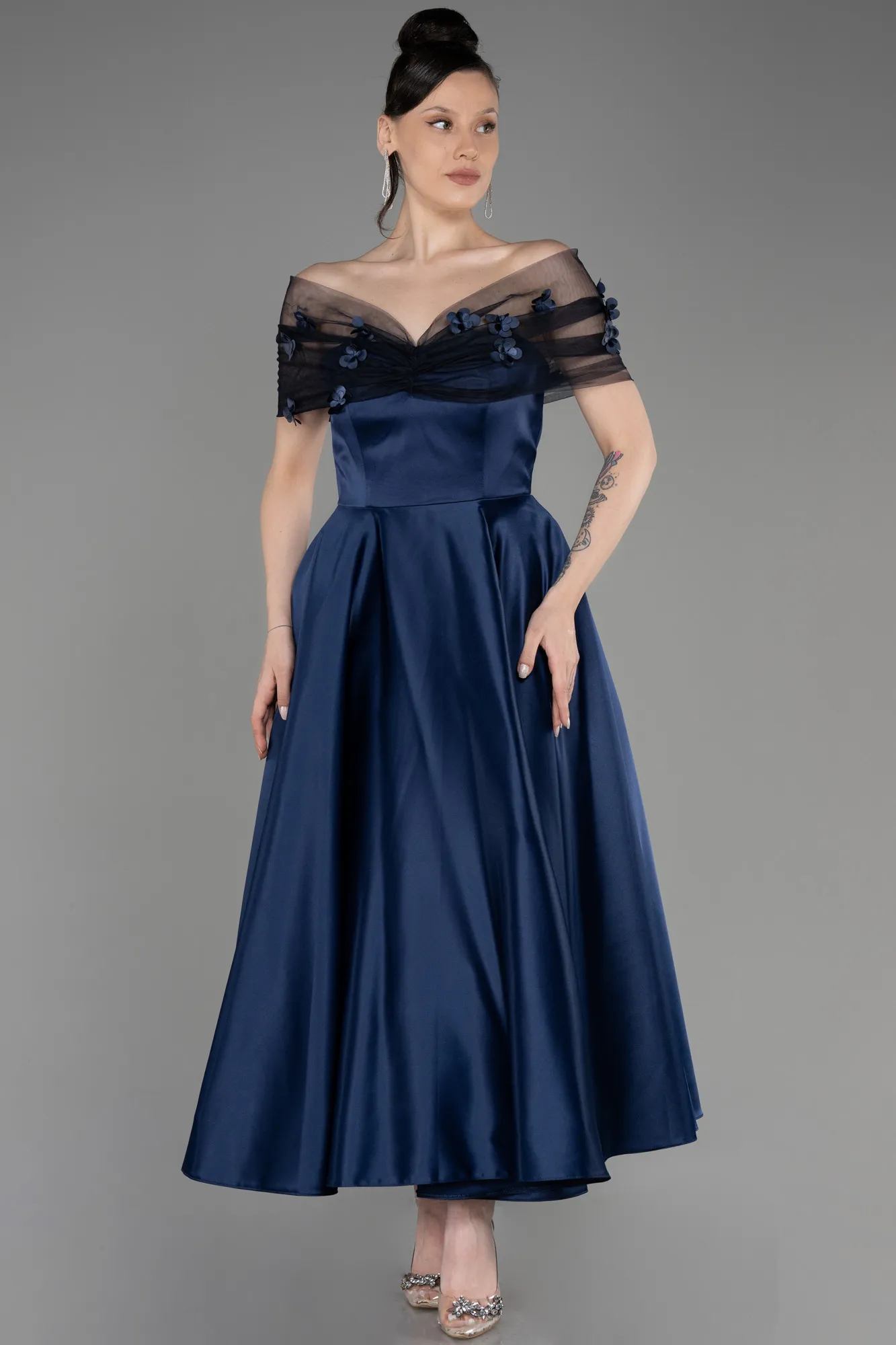 Navy Blue-Off-Shoulder Midi Saten Prom Dress ABK2033