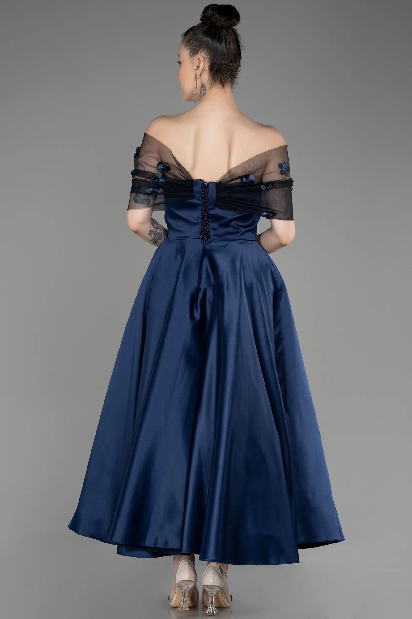 Navy Blue-Off-Shoulder Midi Saten Prom Dress ABK2033