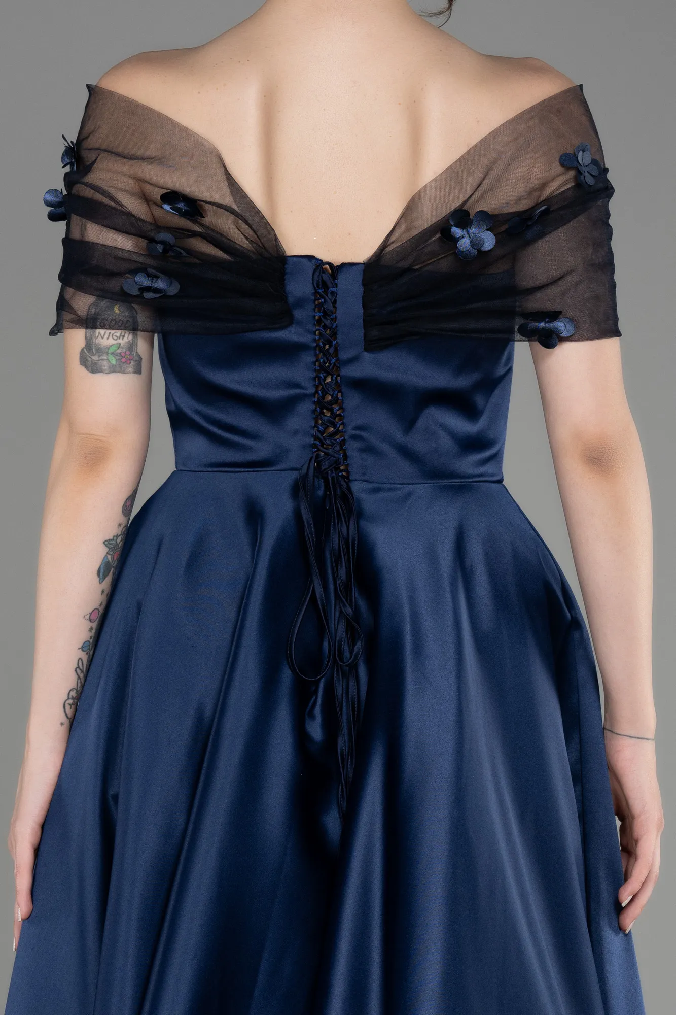 Navy Blue-Off-Shoulder Midi Saten Prom Dress ABK2033