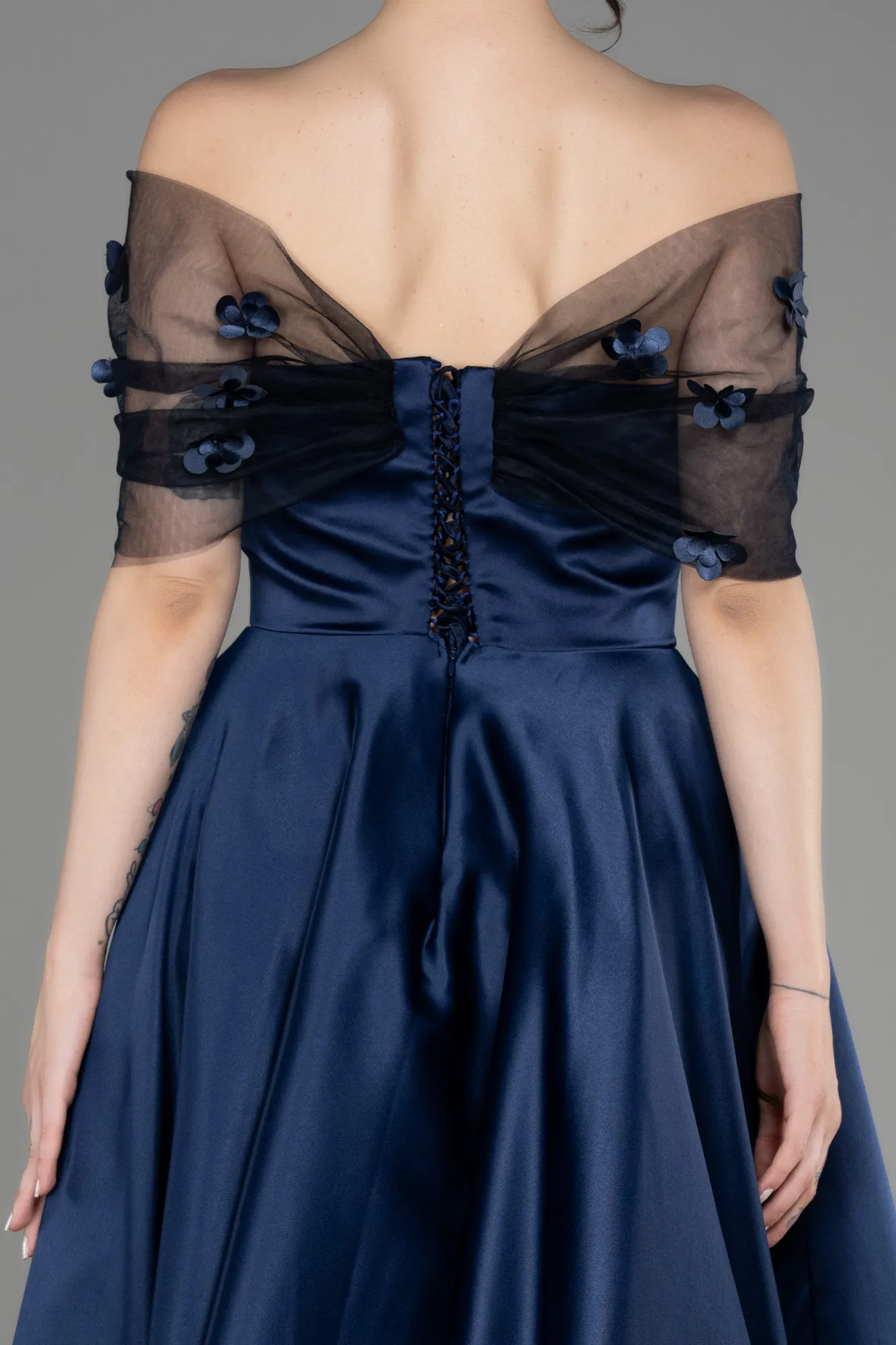 Navy Blue-Off-Shoulder Midi Saten Prom Dress ABK2033