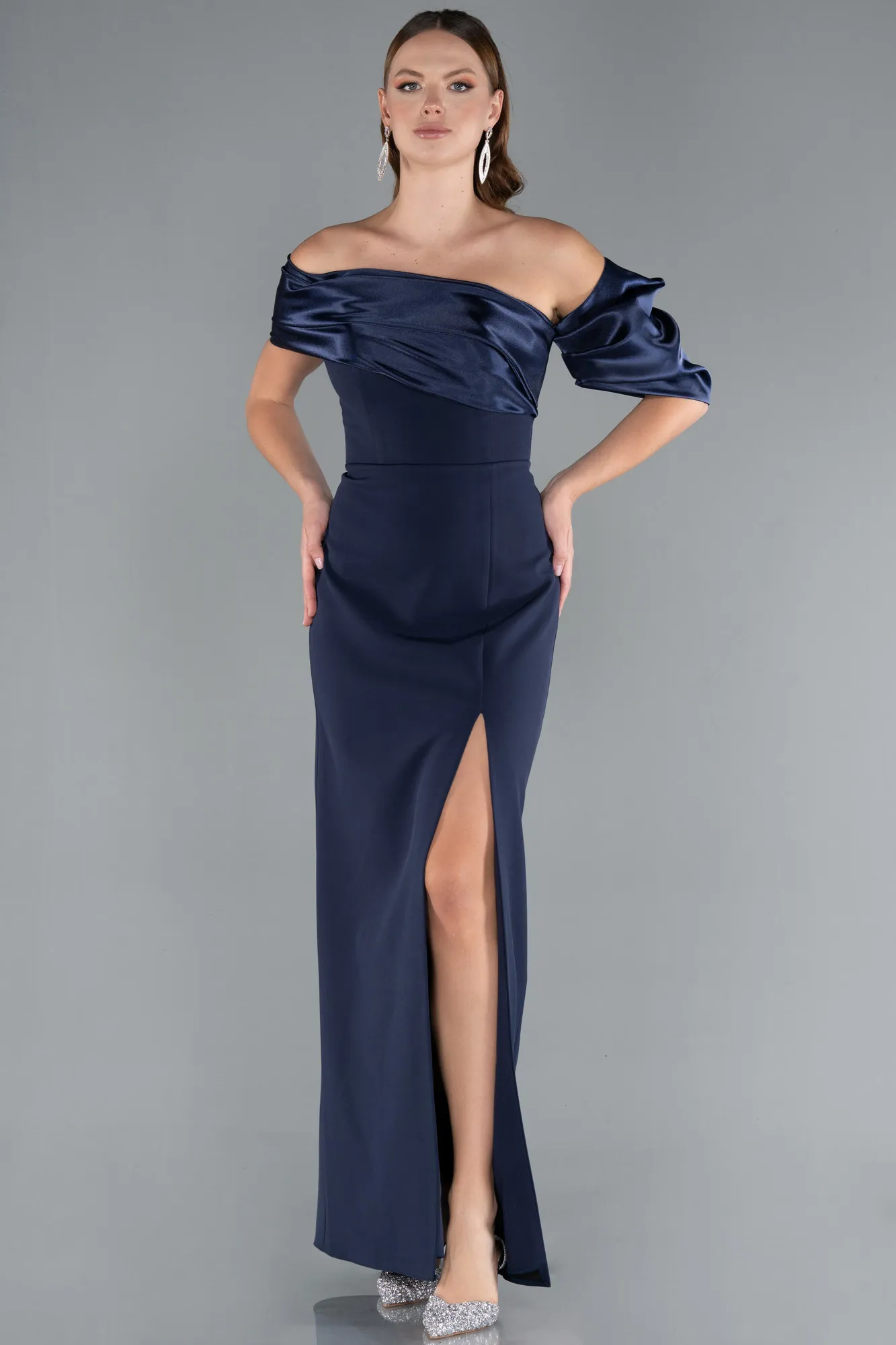 Navy Blue-Off Shoulder Satin Drape Slit Evening Gown ABU4024