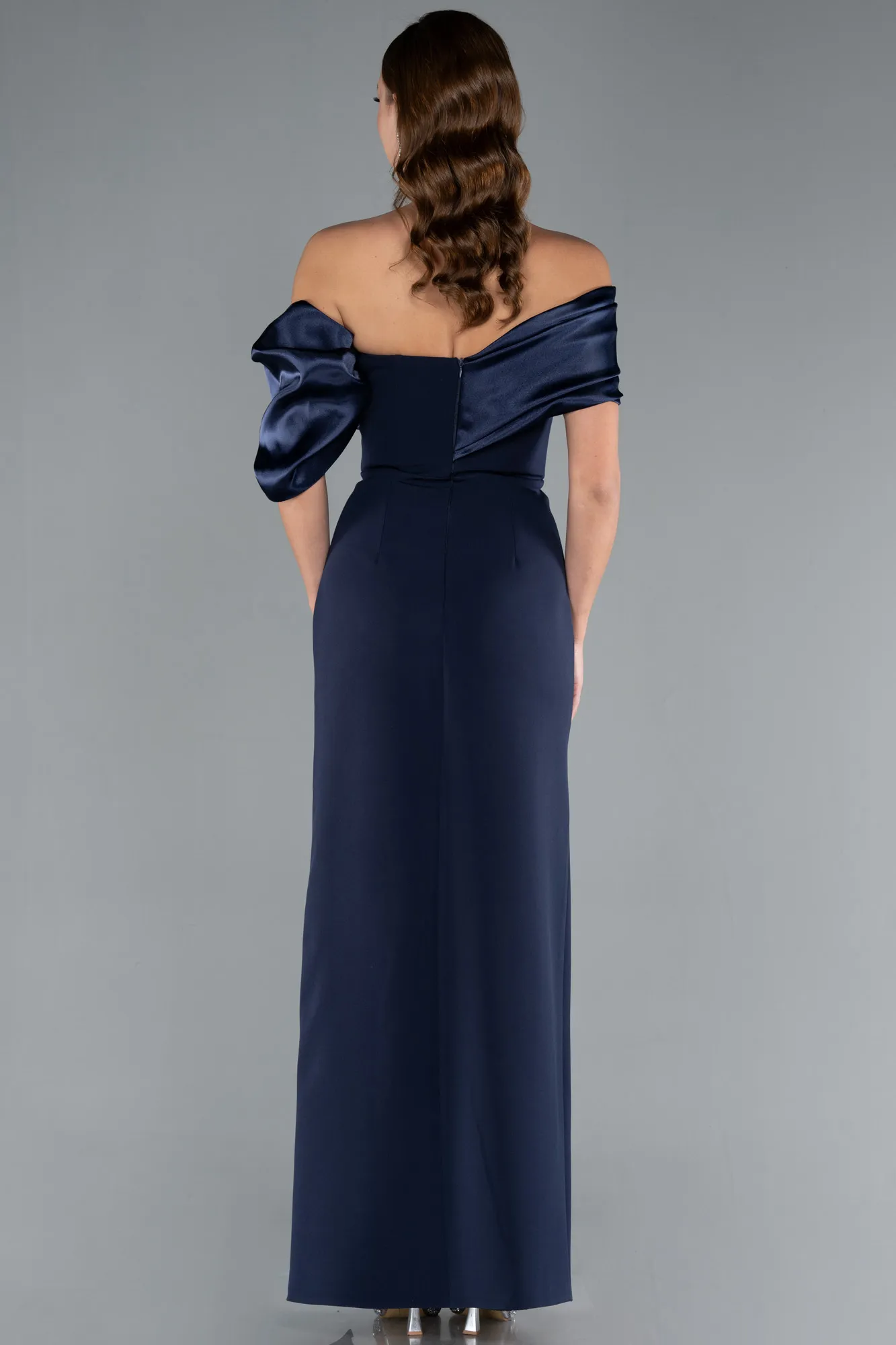 Navy Blue-Off Shoulder Satin Drape Slit Evening Gown ABU4024