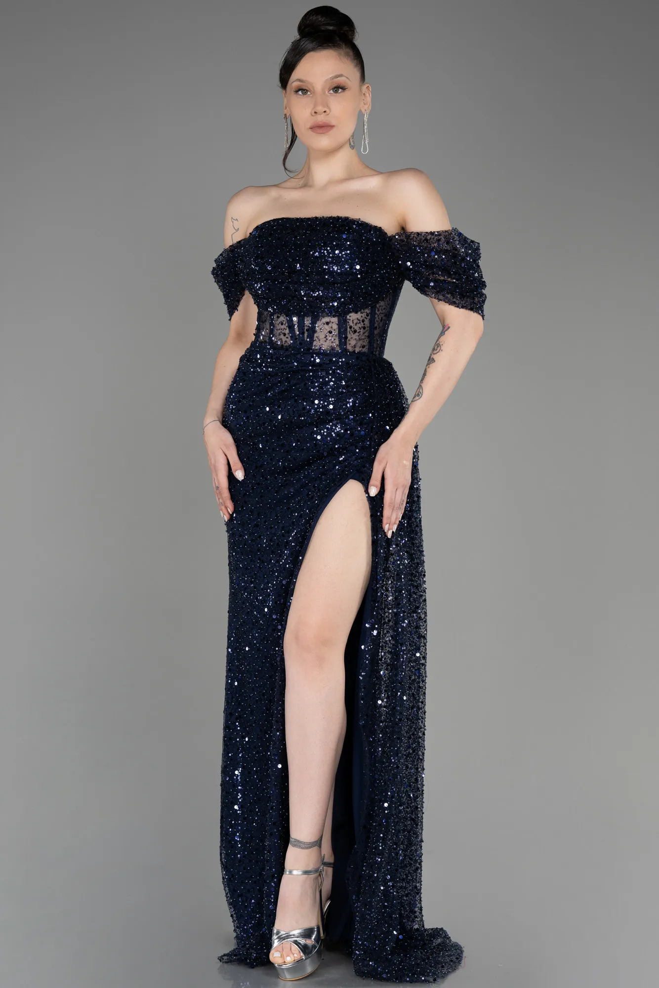 Navy Blue-Off-Shoulder Slit Long Scaly Evening Dress ABU3847
