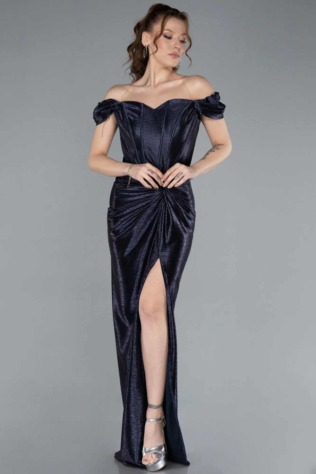 Navy Blue-Off The Shoulder Long Glitter Evening Gown ABU4712