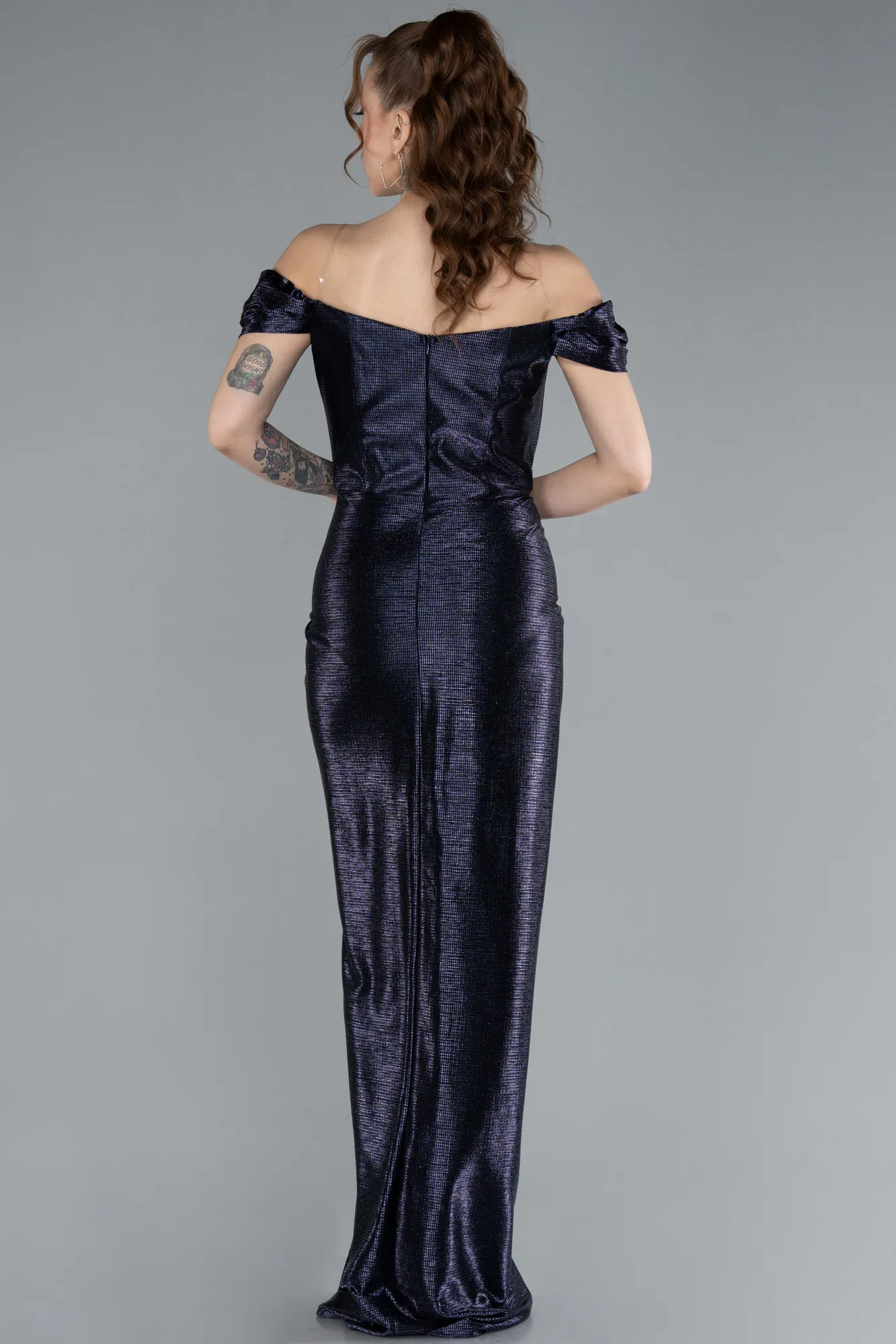 Navy Blue-Off The Shoulder Long Glitter Evening Gown ABU4712