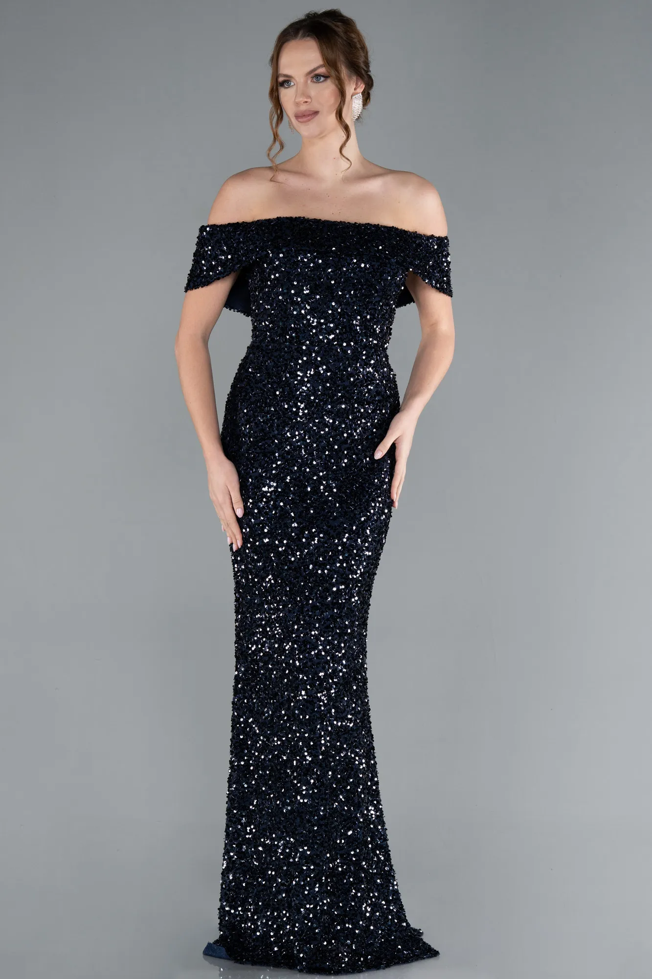 Navy Blue-Off The Shoulder Long Sequin Mermaid Prom Dress ABU4778