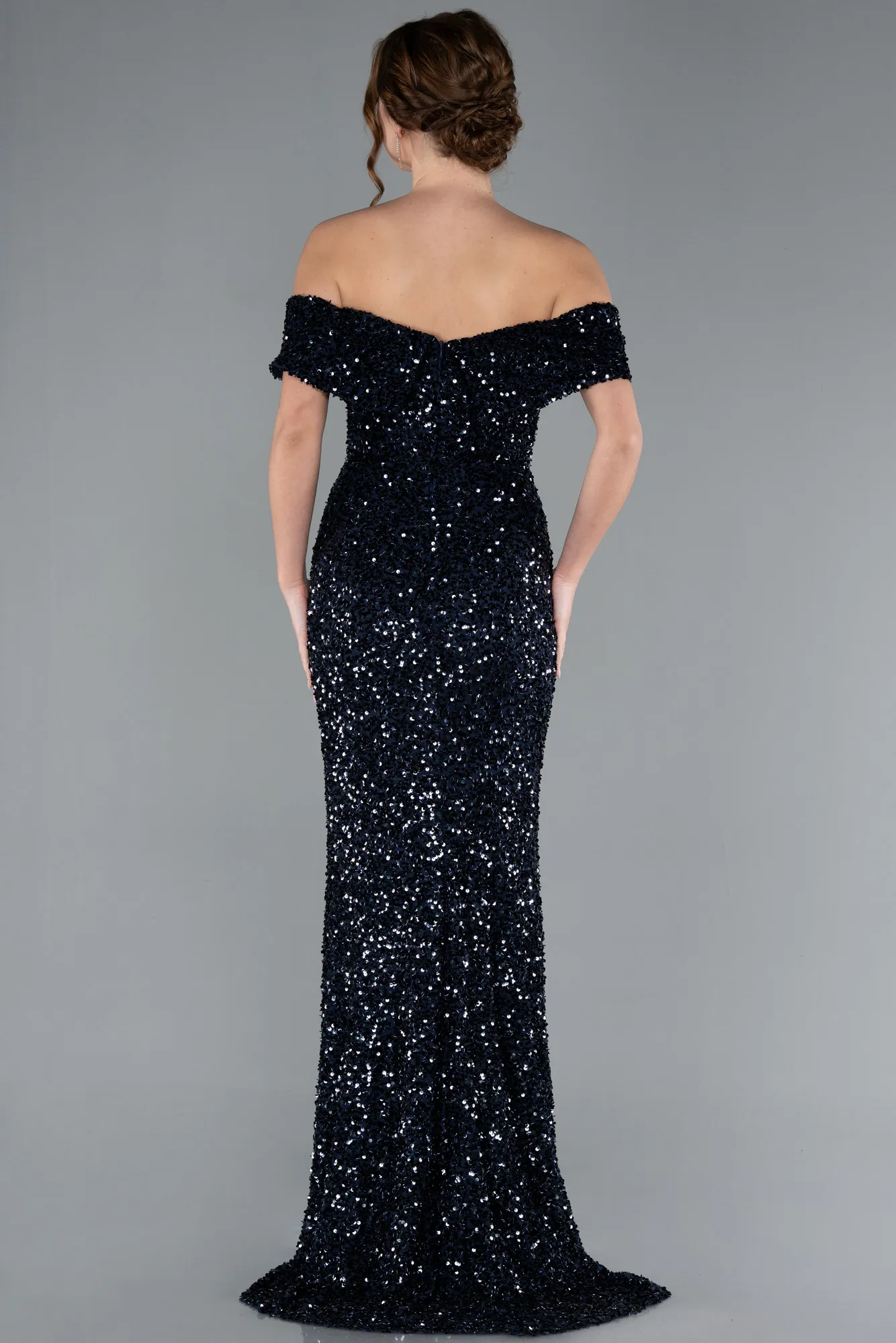 Navy Blue-Off The Shoulder Long Sequin Mermaid Prom Dress ABU4778