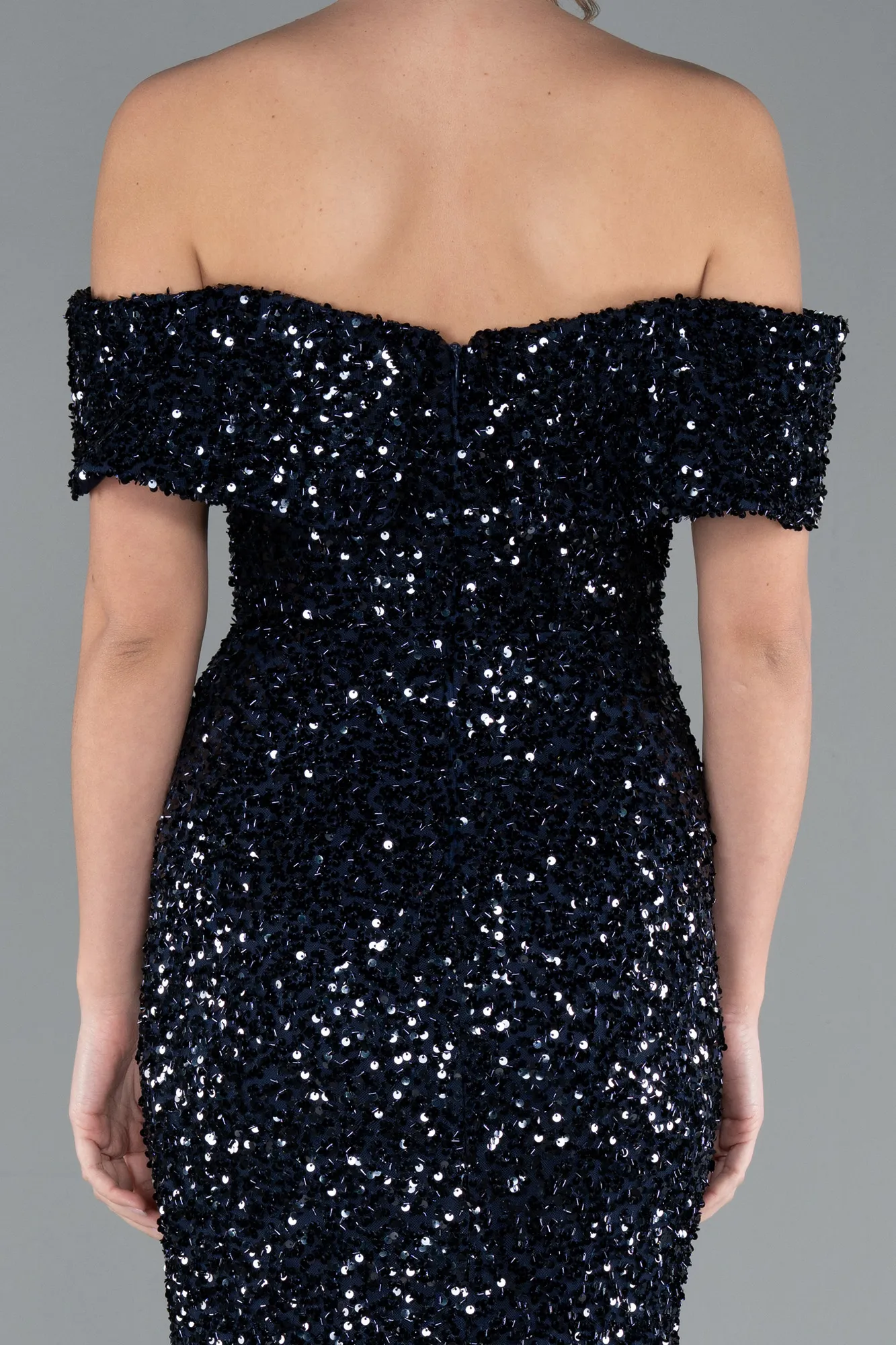 Navy Blue-Off The Shoulder Long Sequin Mermaid Prom Dress ABU4778