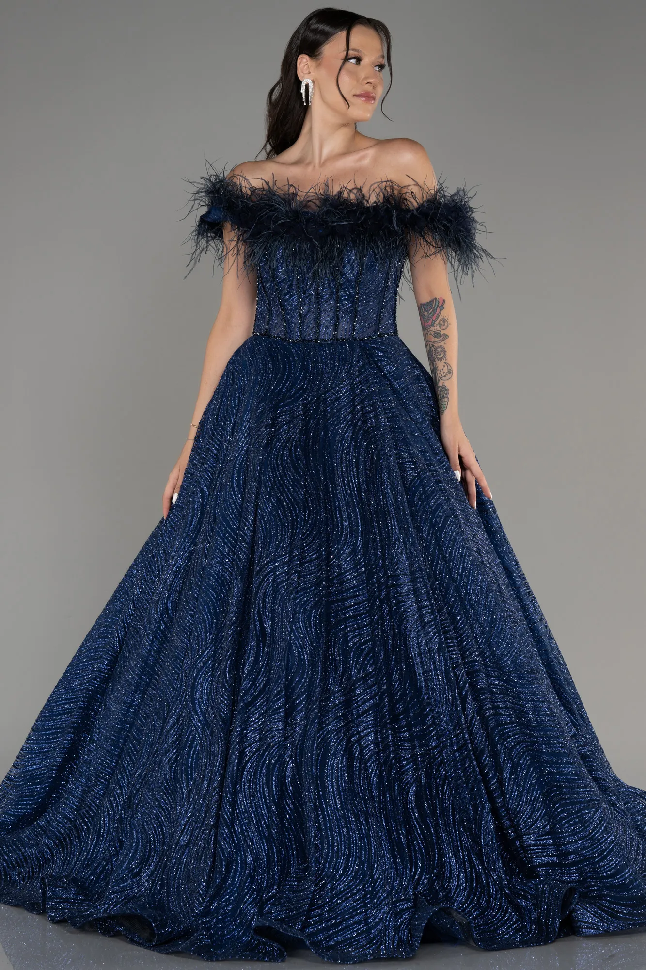 Navy Blue-Off The Shoulder Long Silvery Ball Gown ABU4009