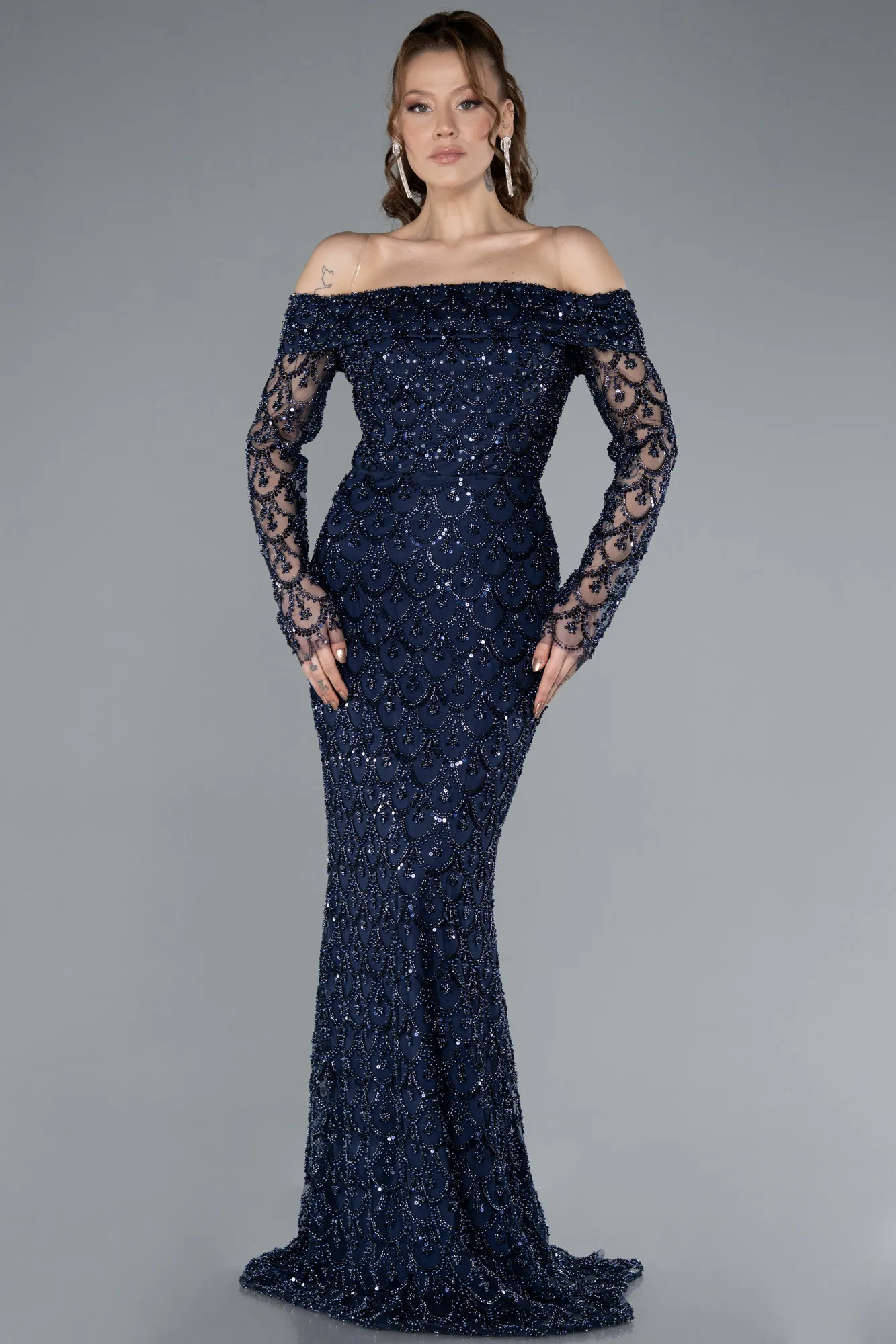 Navy Blue-Off The Shoulder Long Sleeve Stone Mermaid Evening Gown ABU4710
