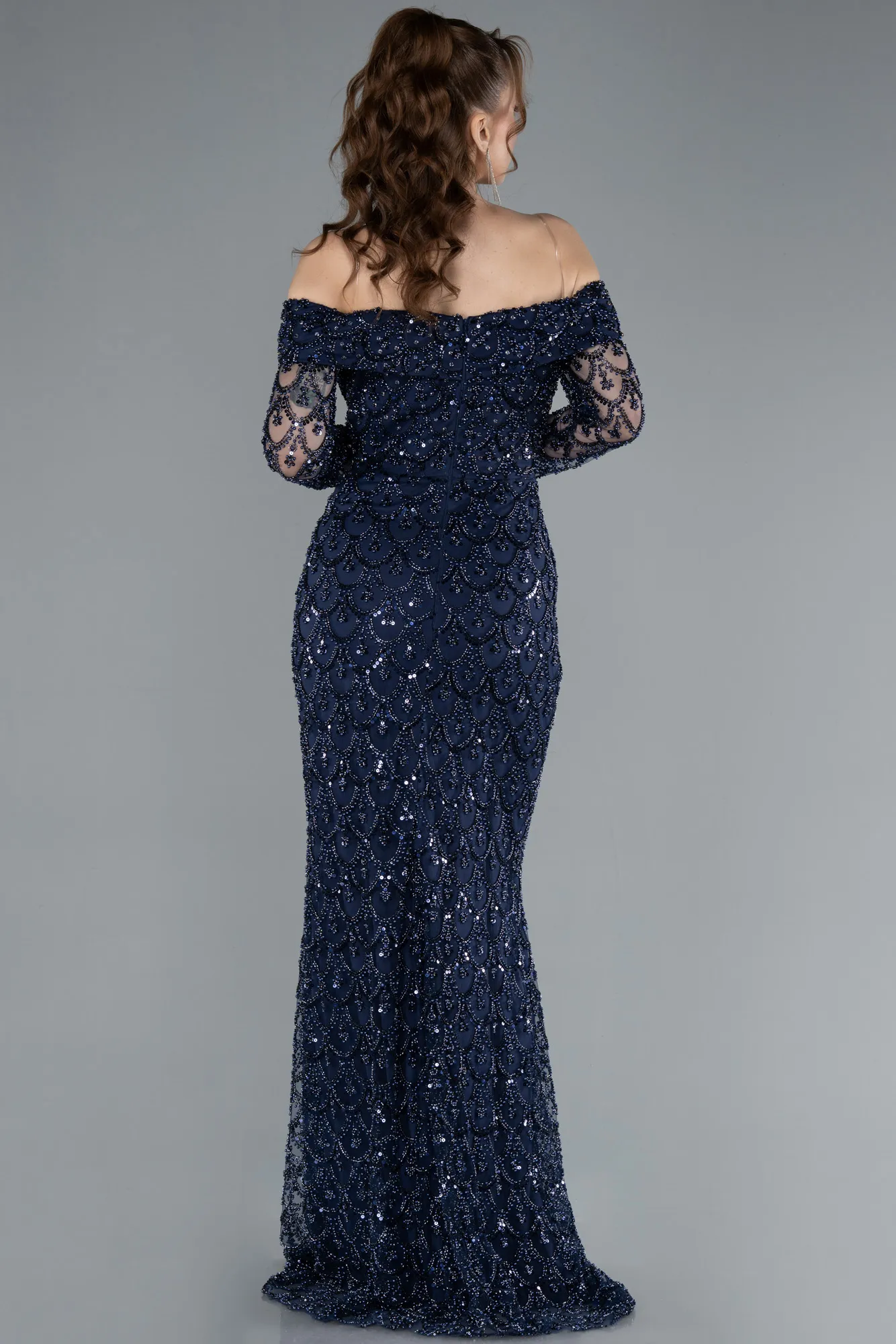 Navy Blue-Off The Shoulder Long Sleeve Stone Mermaid Evening Gown ABU4710