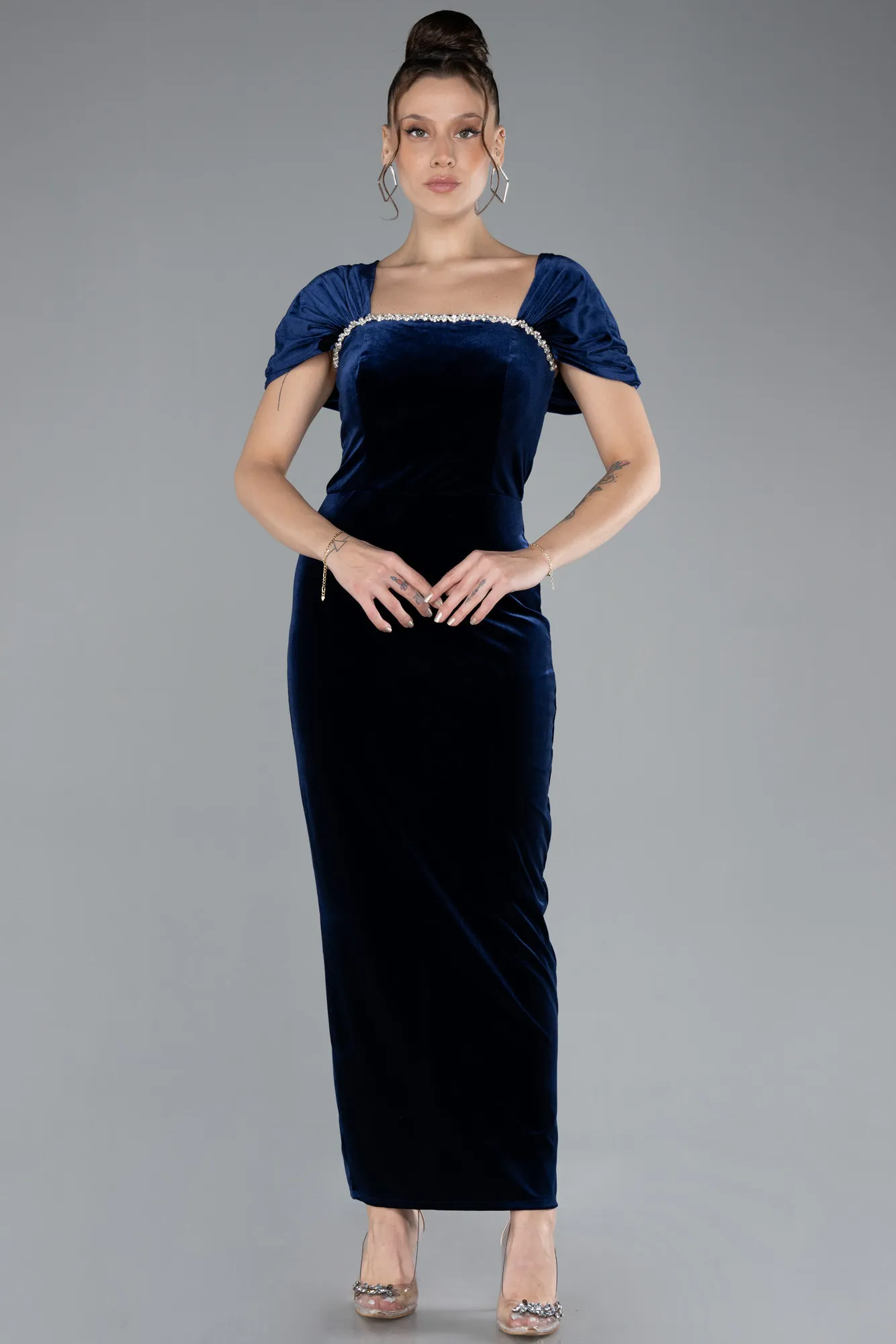 Navy Blue-Off The Shoulder Midi Velvet Invitation Dress ABK2173