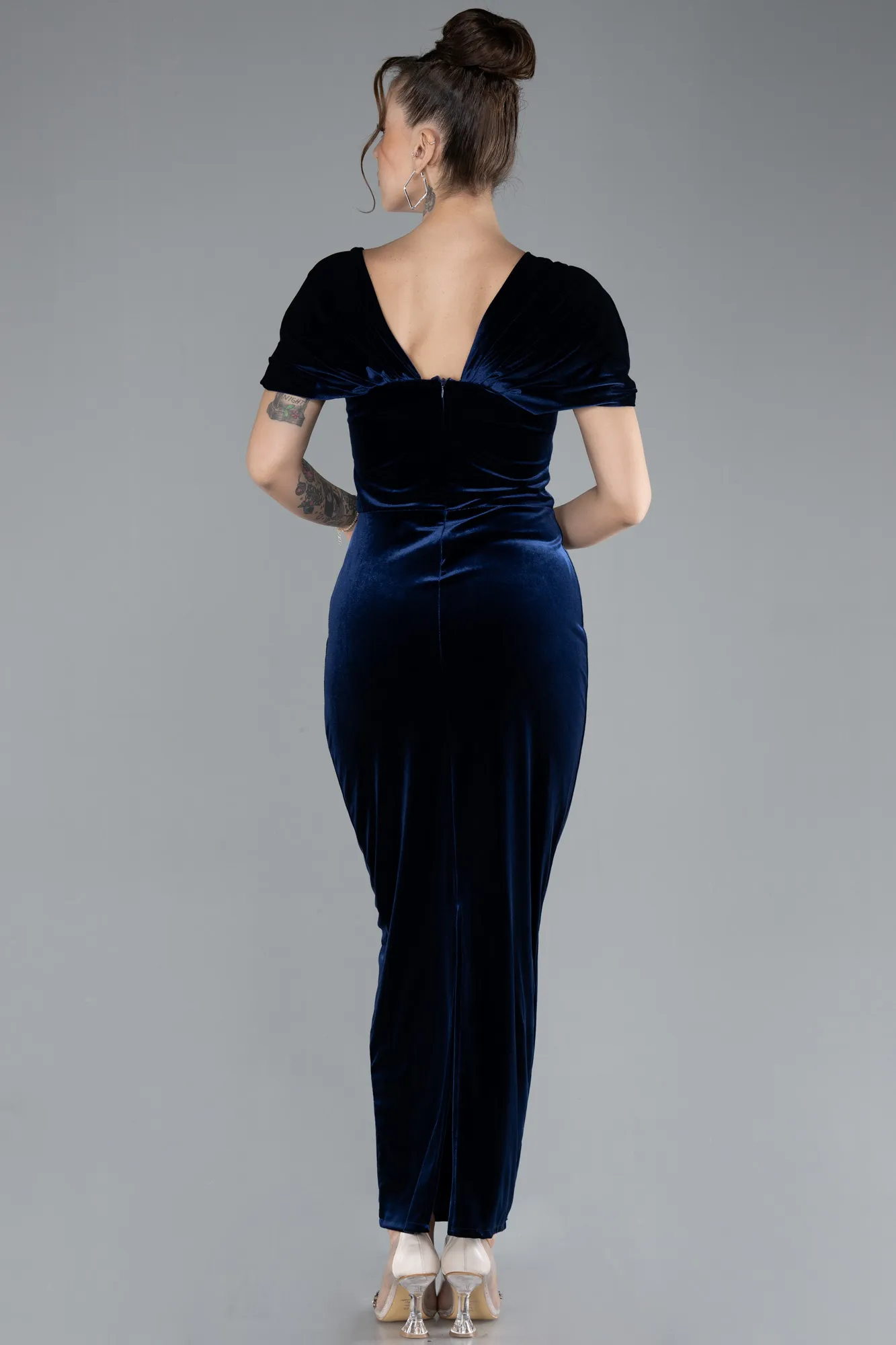 Navy Blue-Off The Shoulder Midi Velvet Invitation Dress ABK2173