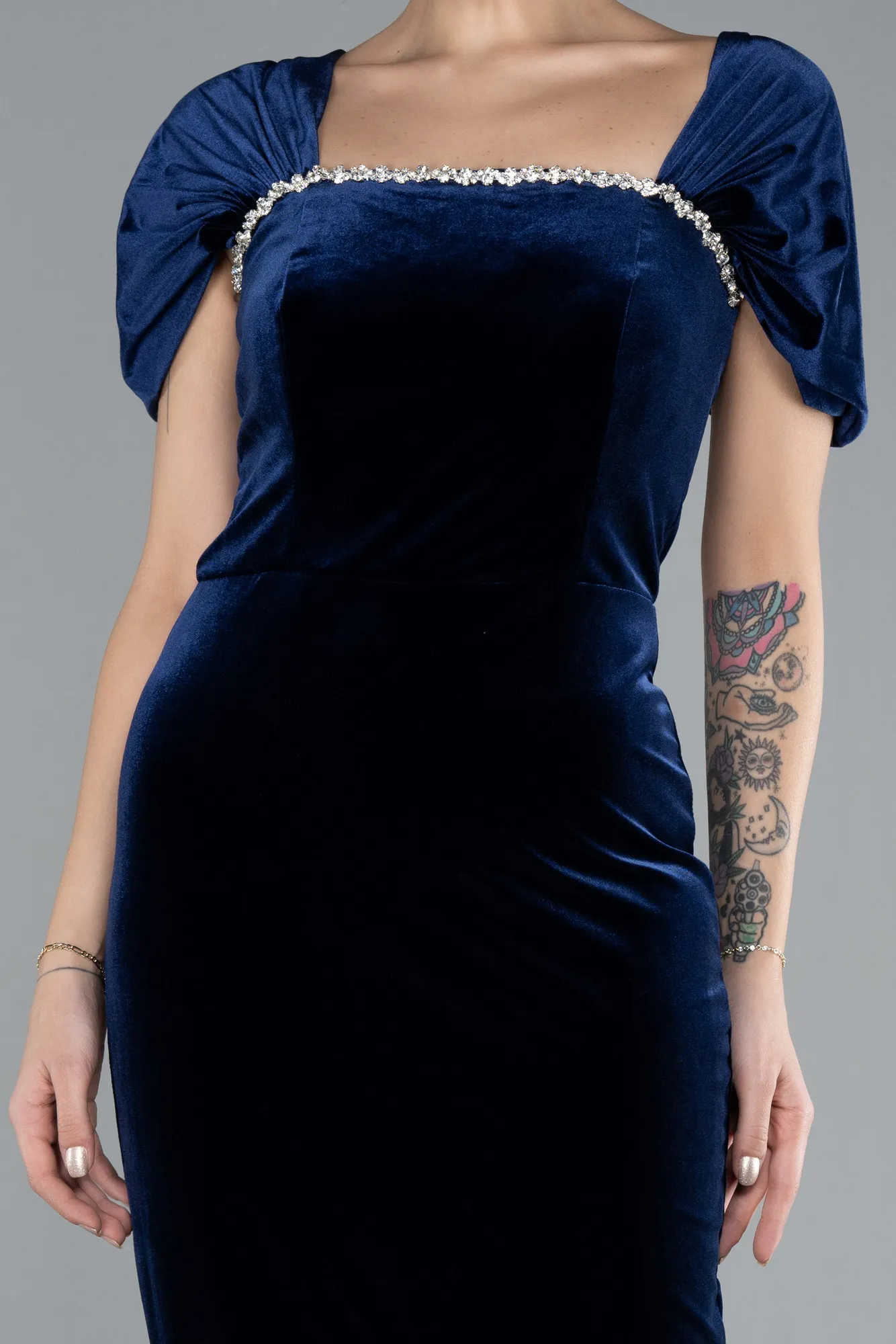 Navy Blue-Off The Shoulder Midi Velvet Invitation Dress ABK2173