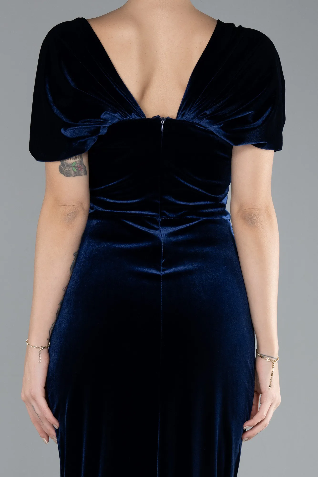 Navy Blue-Off The Shoulder Midi Velvet Invitation Dress ABK2173