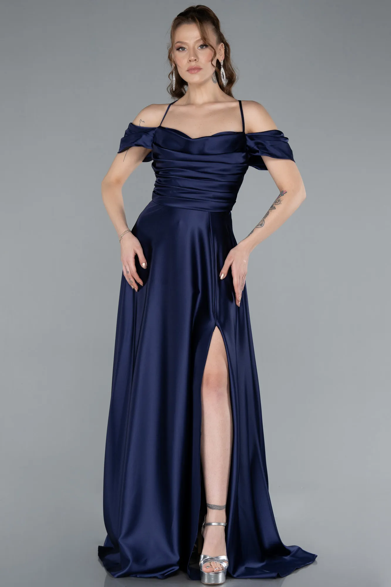 Navy Blue-Off The Shoulder Slit Long Satin Prom Dress ABU4703
