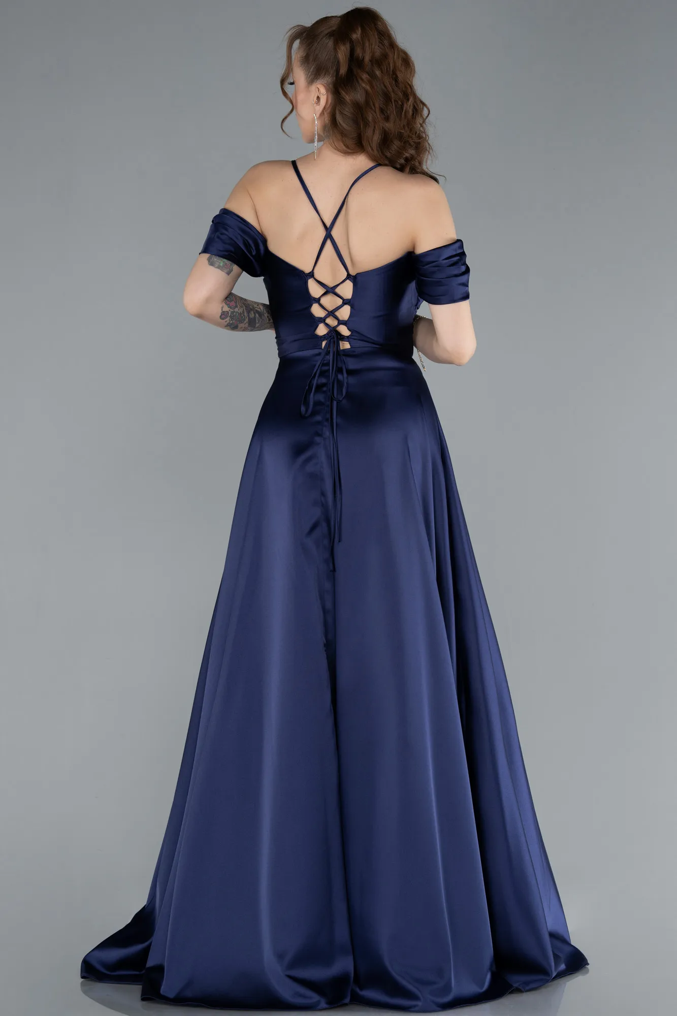 Navy Blue-Off The Shoulder Slit Long Satin Prom Dress ABU4703