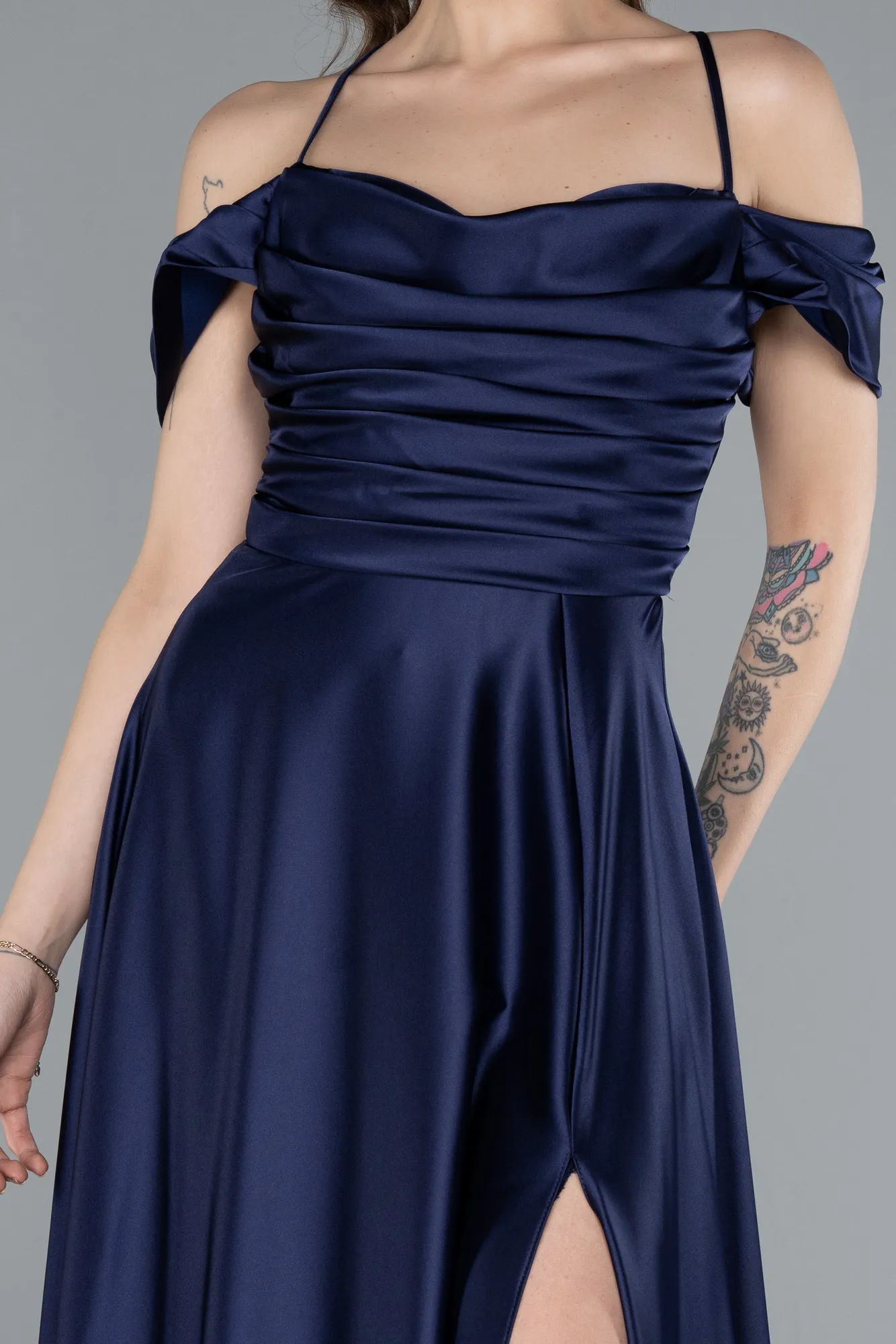 Navy Blue-Off The Shoulder Slit Long Satin Prom Dress ABU4703