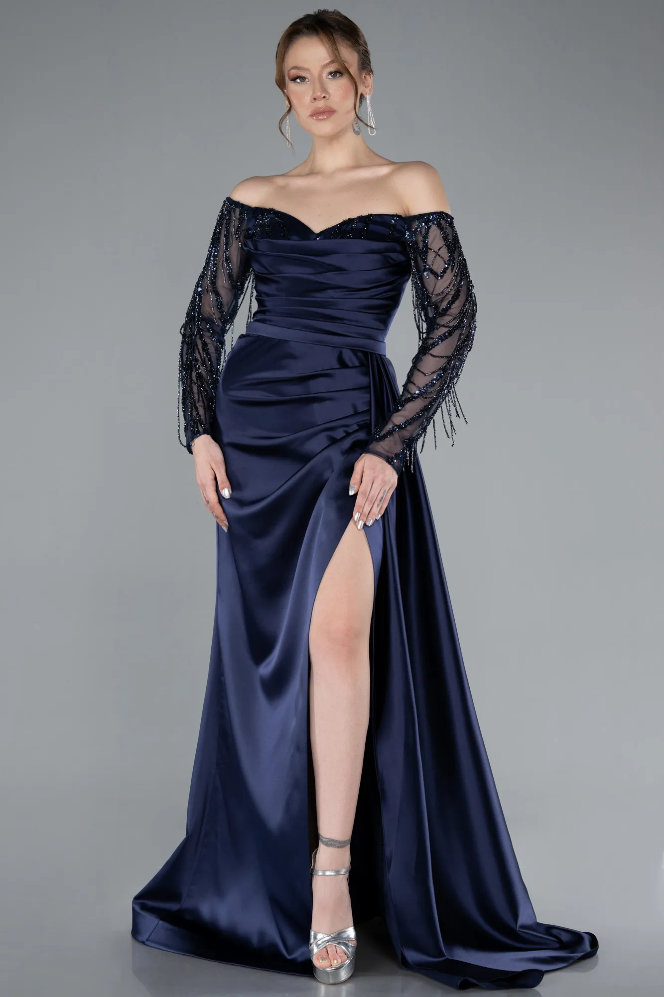 Navy Blue-Off The Shoulder Stone Long Sleeve Slit Satin Evening Gown ABU4792