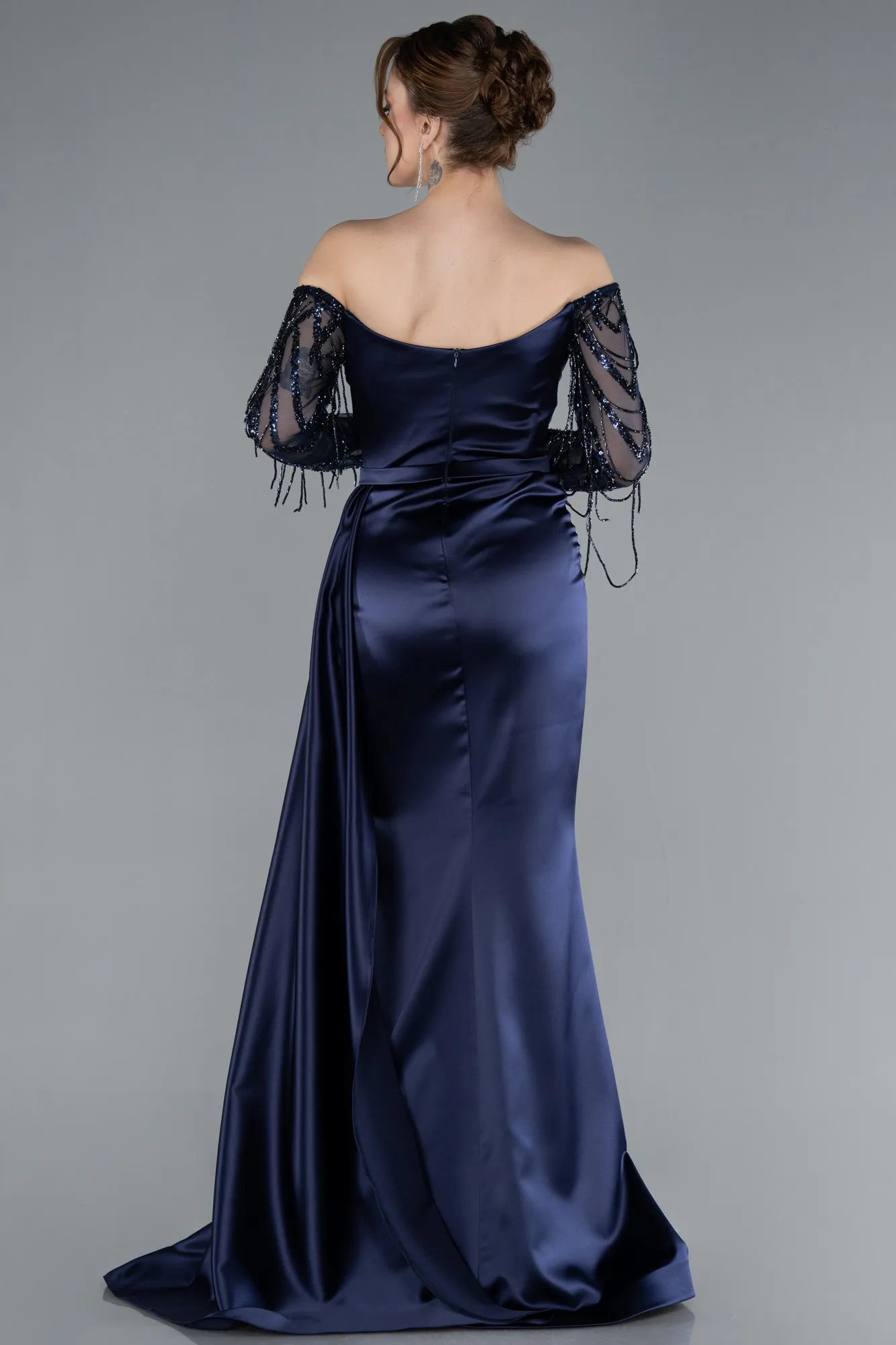 Navy Blue-Off The Shoulder Stone Long Sleeve Slit Satin Evening Gown ABU4792
