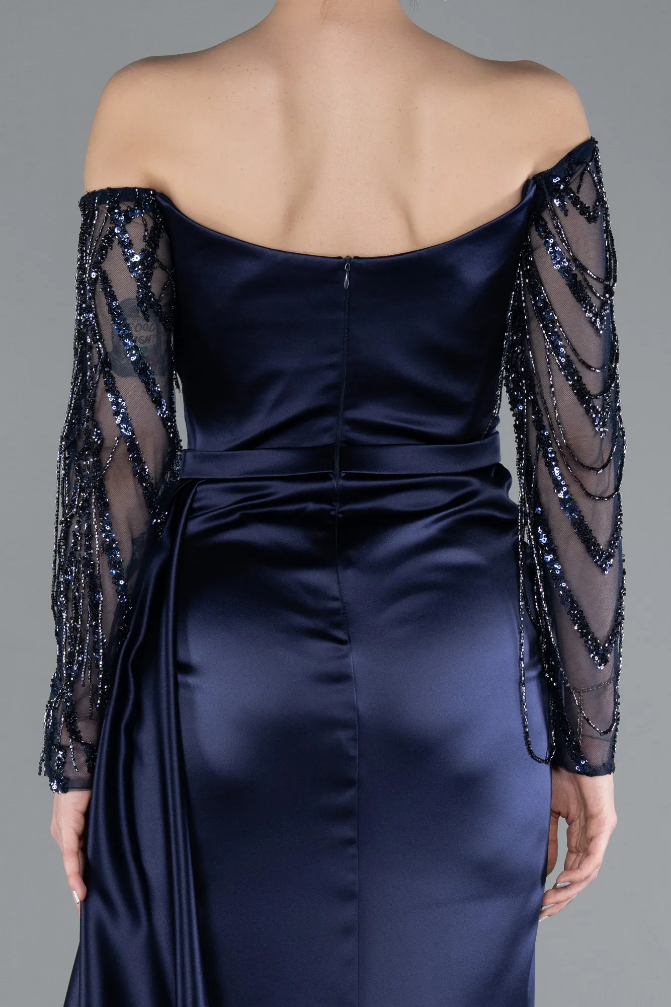 Navy Blue-Off The Shoulder Stone Long Sleeve Slit Satin Evening Gown ABU4792