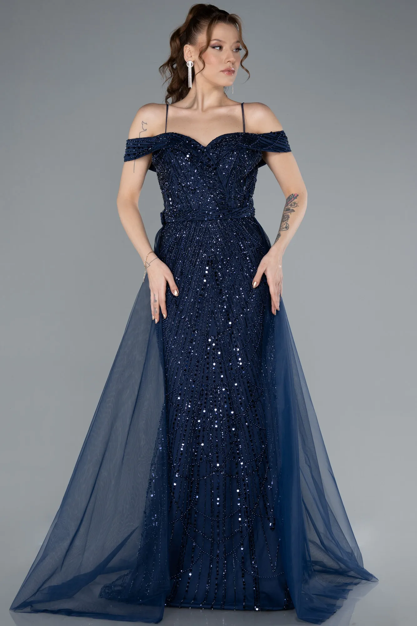 Navy Blue-Off The Shoulder Tail Accessory Long Sequined Evening Gown ABU4708