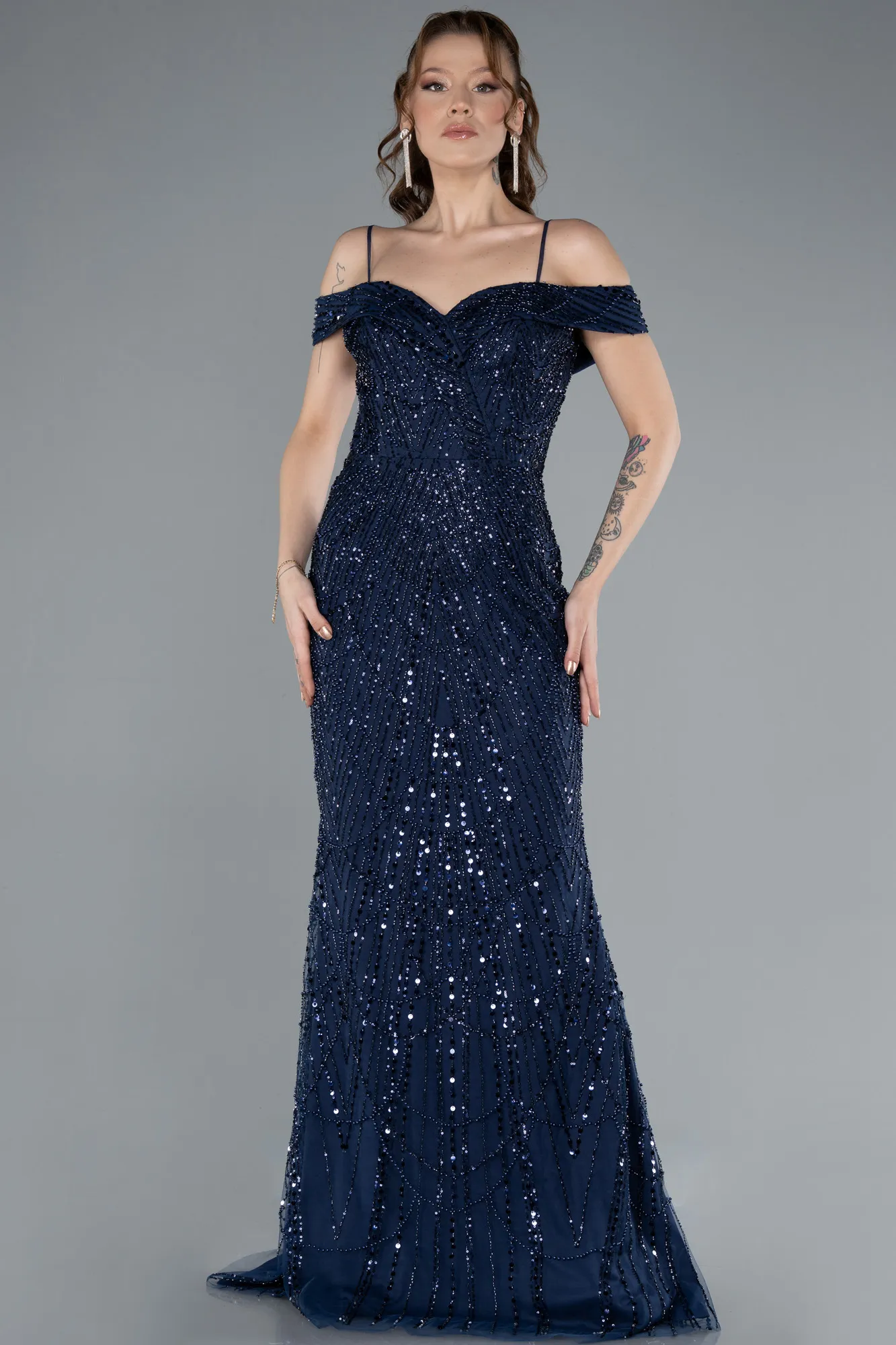 Navy Blue-Off The Shoulder Tail Accessory Long Sequined Evening Gown ABU4708