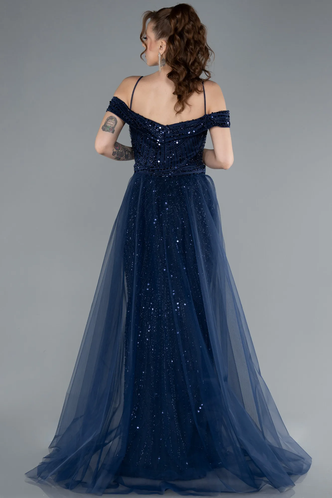 Navy Blue-Off The Shoulder Tail Accessory Long Sequined Evening Gown ABU4708