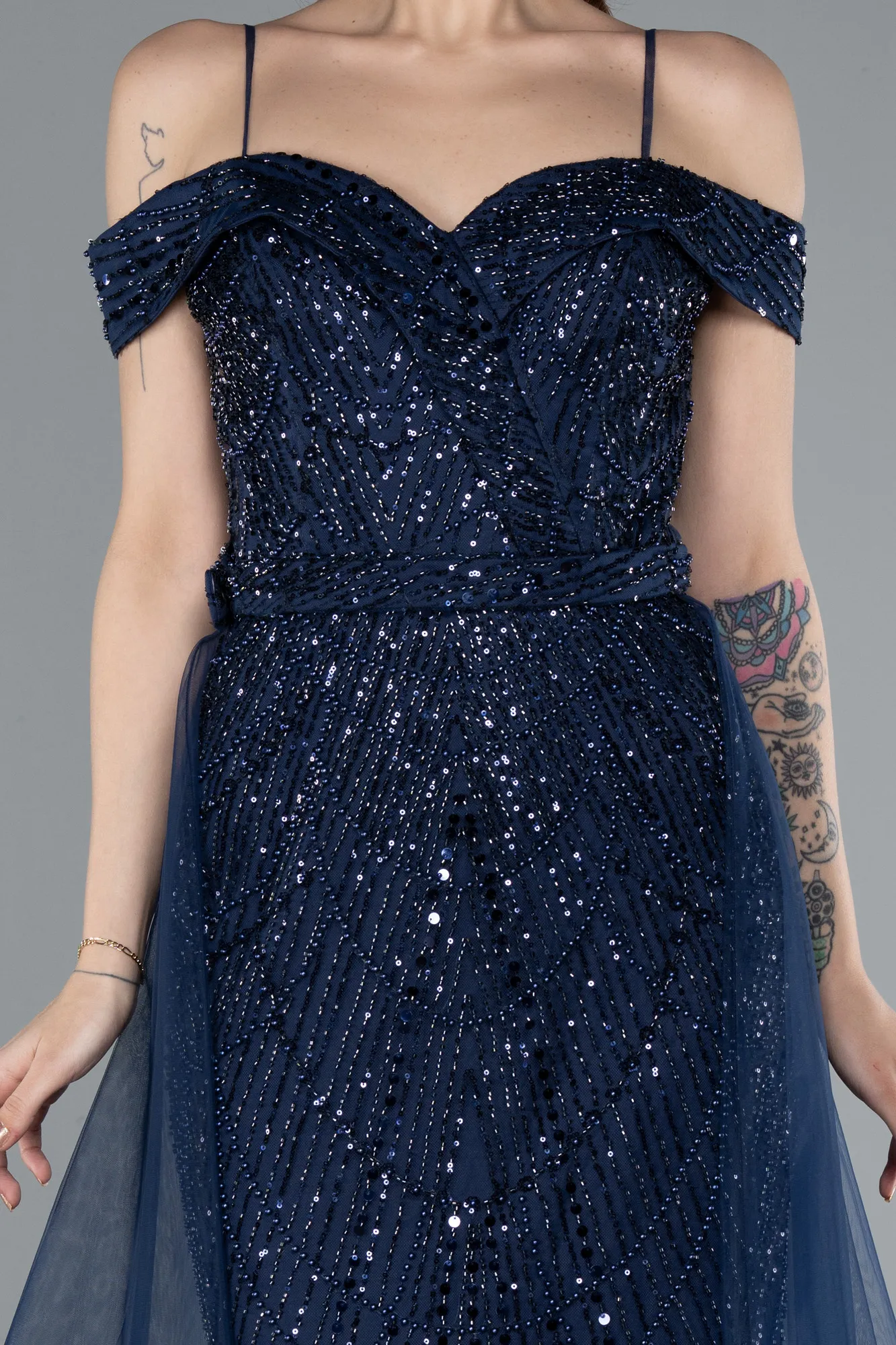 Navy Blue-Off The Shoulder Tail Accessory Long Sequined Evening Gown ABU4708