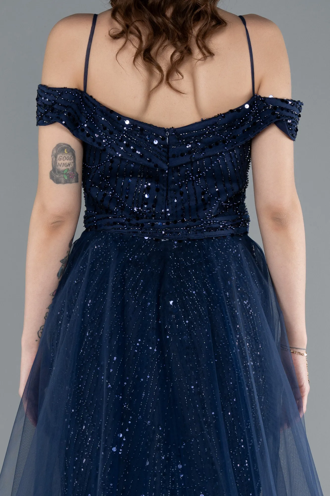 Navy Blue-Off The Shoulder Tail Accessory Long Sequined Evening Gown ABU4708